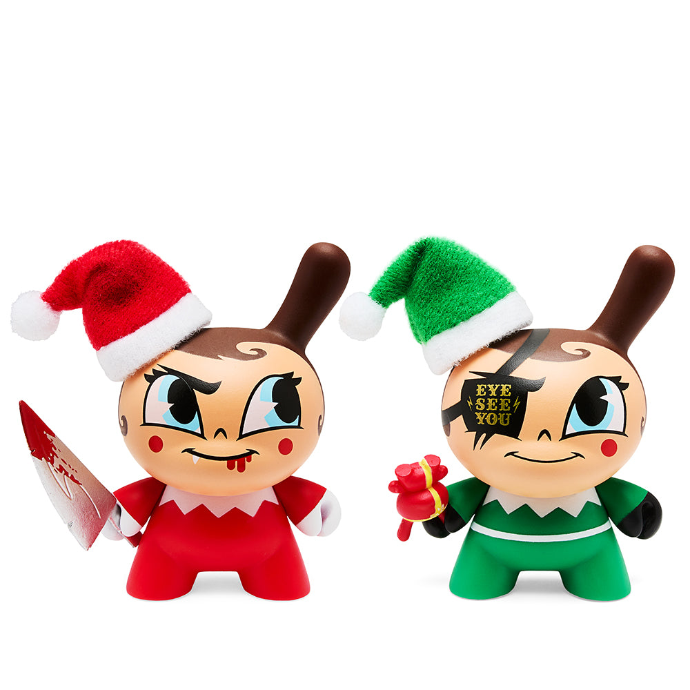 Set of two Kidrobot 3-inch vinyl Holiday Dunny figures, Go Elf Yourself Nice & Evil Edition with festive elf designs.