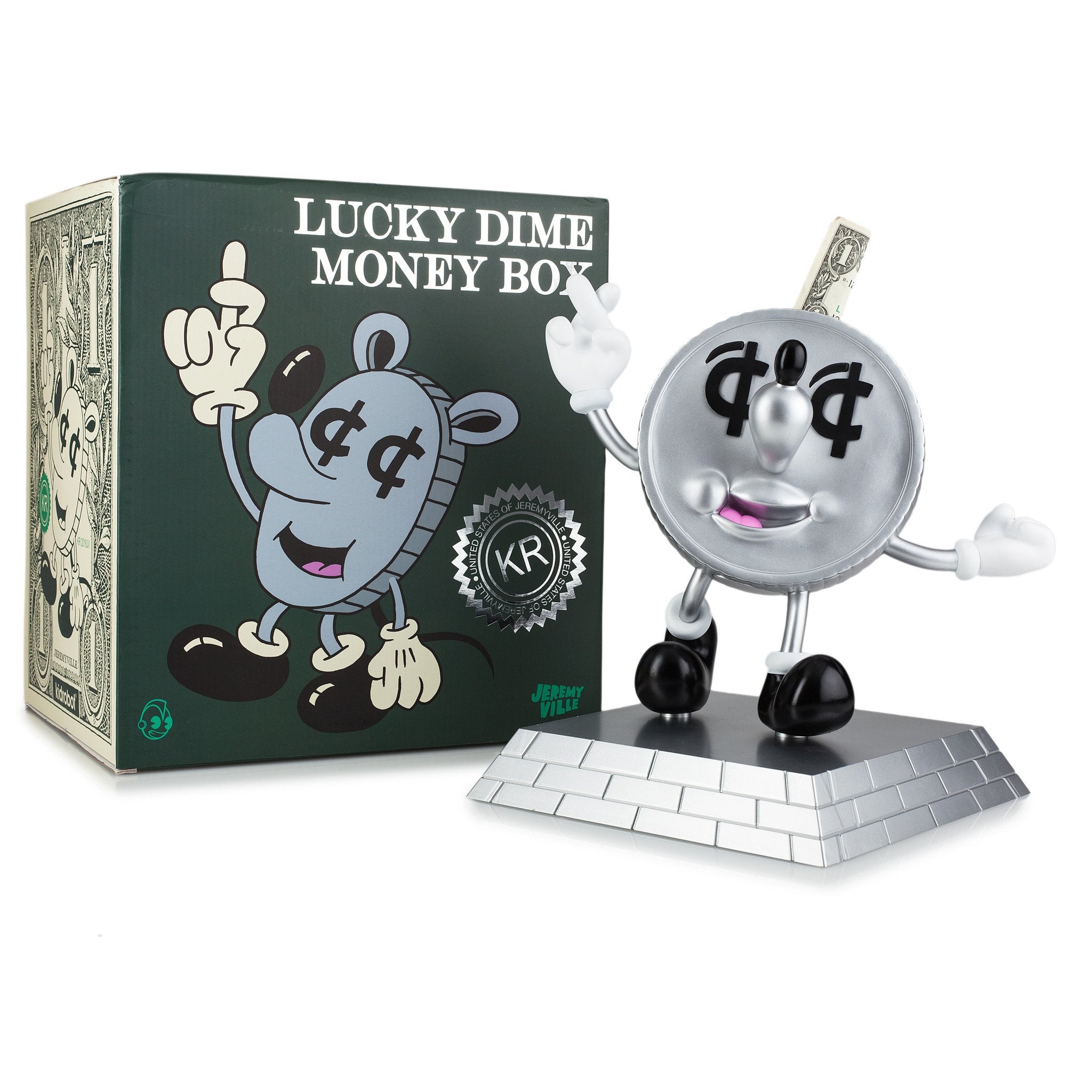 Jeremyville Lucky Money Coin vinyl art toy bank featuring a colorful, stylized design with a coin slot on top and Jeremyville branding.