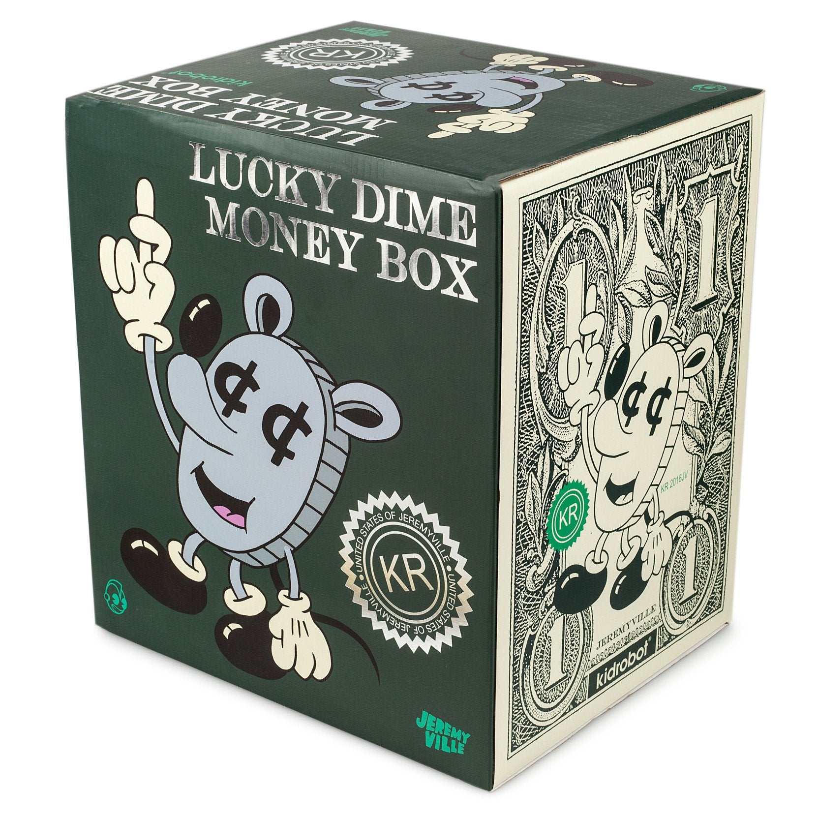Jeremyville Lucky Money Coin vinyl art toy bank featuring a colorful, playful design with Jeremyville branding and a coin slot at the top.