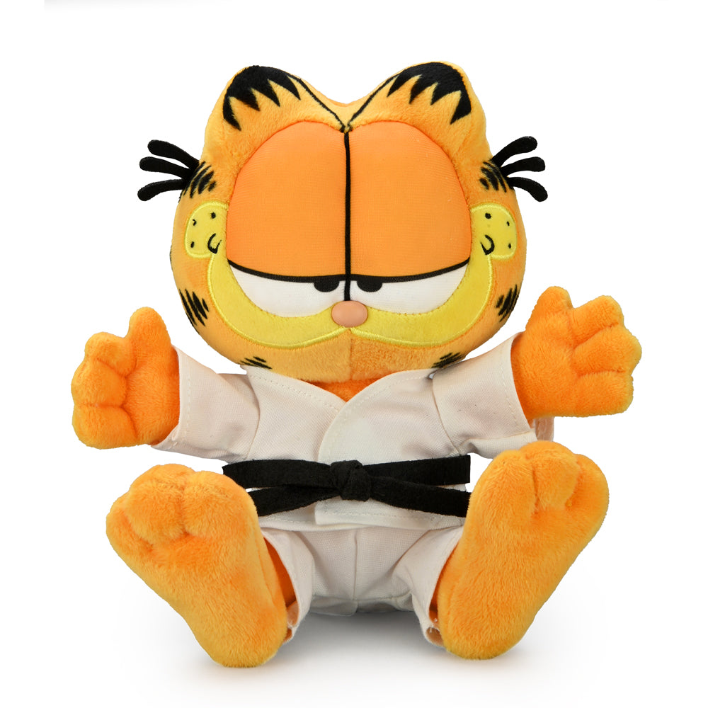 Garfield plush in a karate gi, medium size, soft toy from Kidrobot featuring the iconic orange cat in martial arts attire.