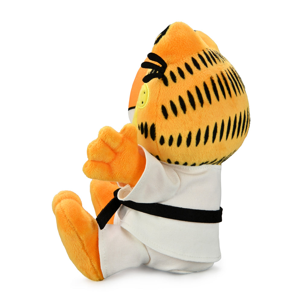 Medium Garfield plush in a karate gi, soft and cuddly, featuring the iconic Garfield character dressed in martial arts attire.