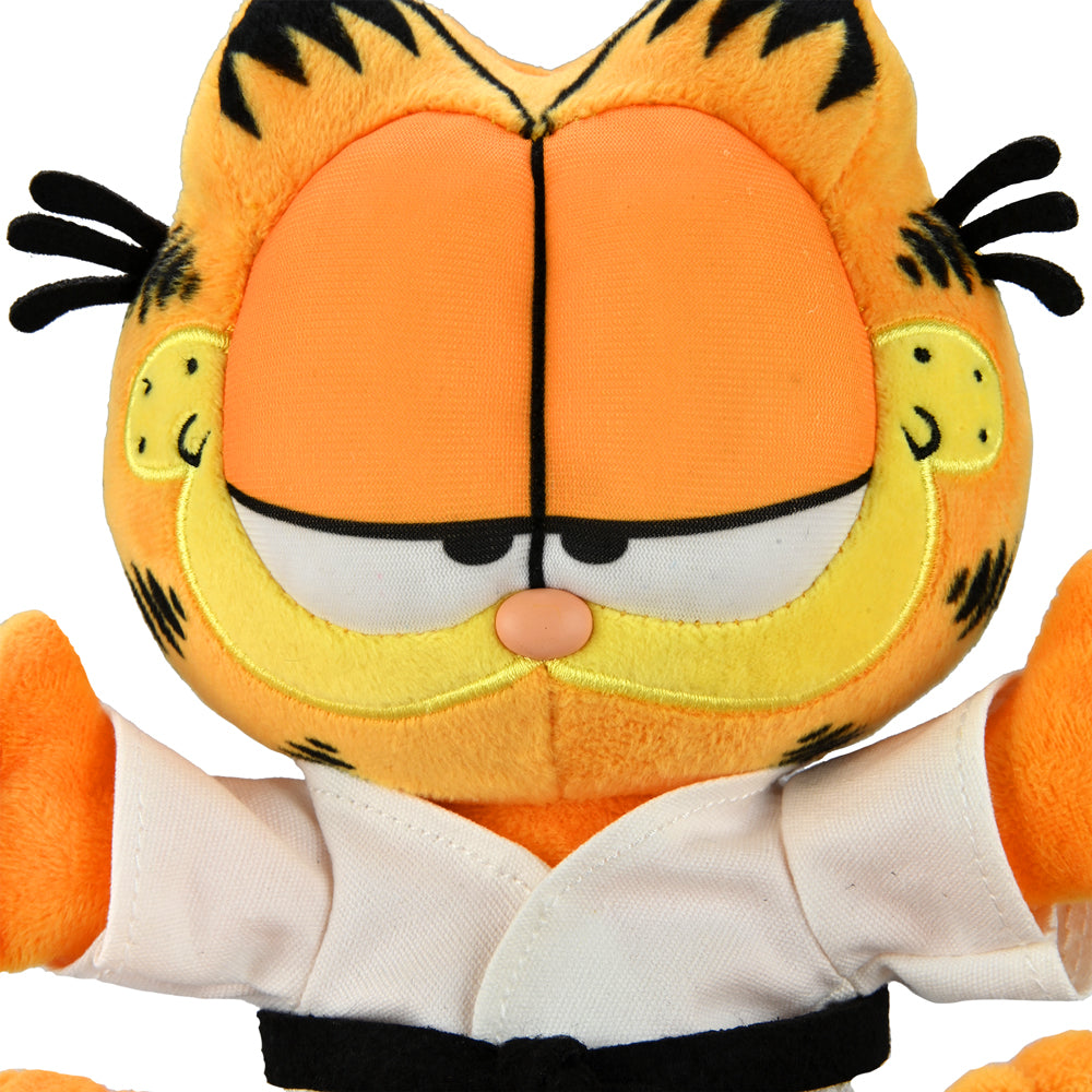 Garfield plush in a karate gi, medium size, soft stuffed toy by Kidrobot featuring Garfield's signature orange fur and black-striped outfit.