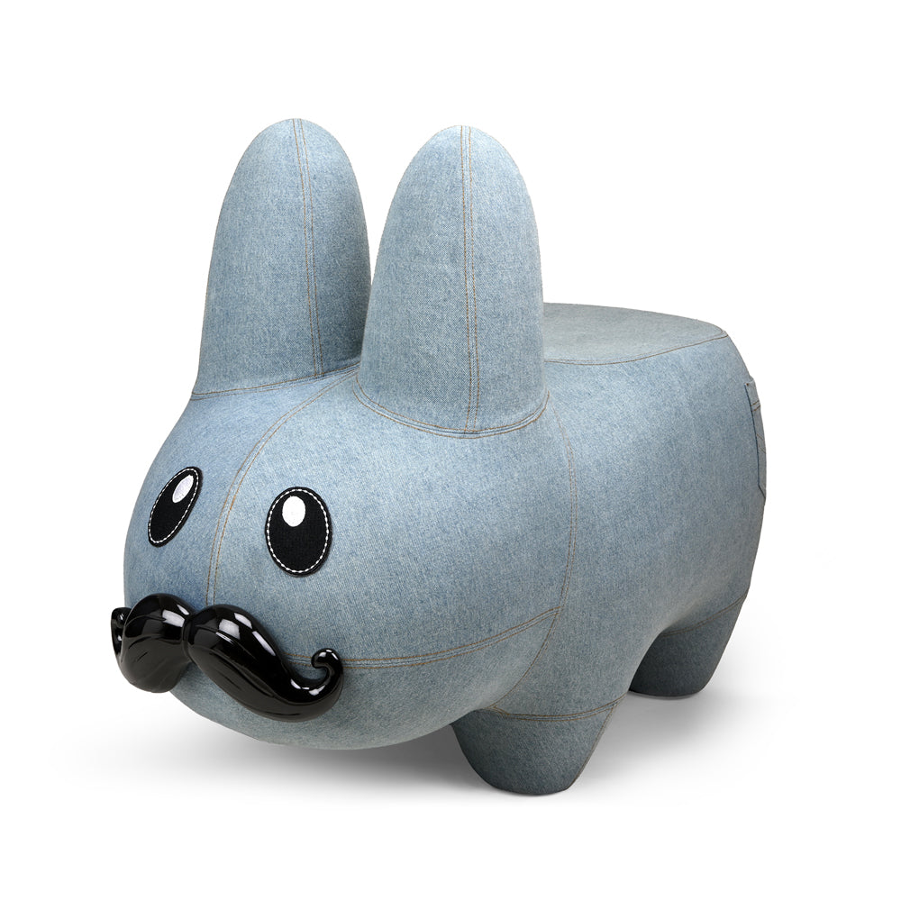 Kidrobot Art Giant Denim Happy Stache' Labbit fiberglass stool featuring a playful labbit design with denim texture.