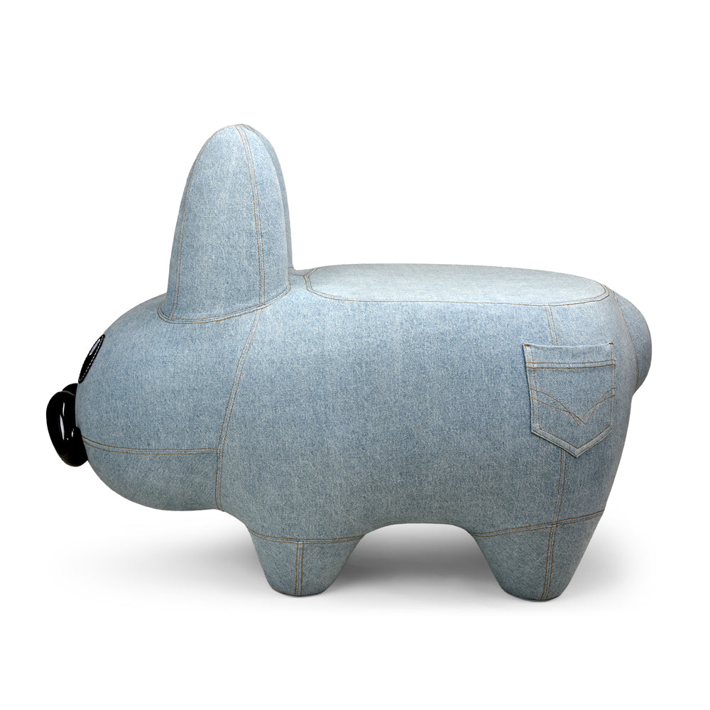 Kidrobot Art Giant Denim Happy Stache' Labbit fiberglass stool featuring a colorful, playful design with a smiling Labbit character.