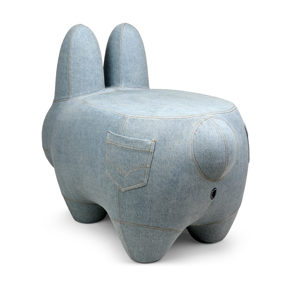 Kidrobot Art Giant Denim Happy Stache' Labbit fiberglass stool with a colorful, cartoon-style Labbit design and denim texture.