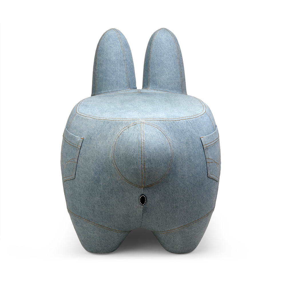 Kidrobot Art Giant Denim Happy Stache Labbit stool made of fiberglass featuring a playful Labbit character with denim design.