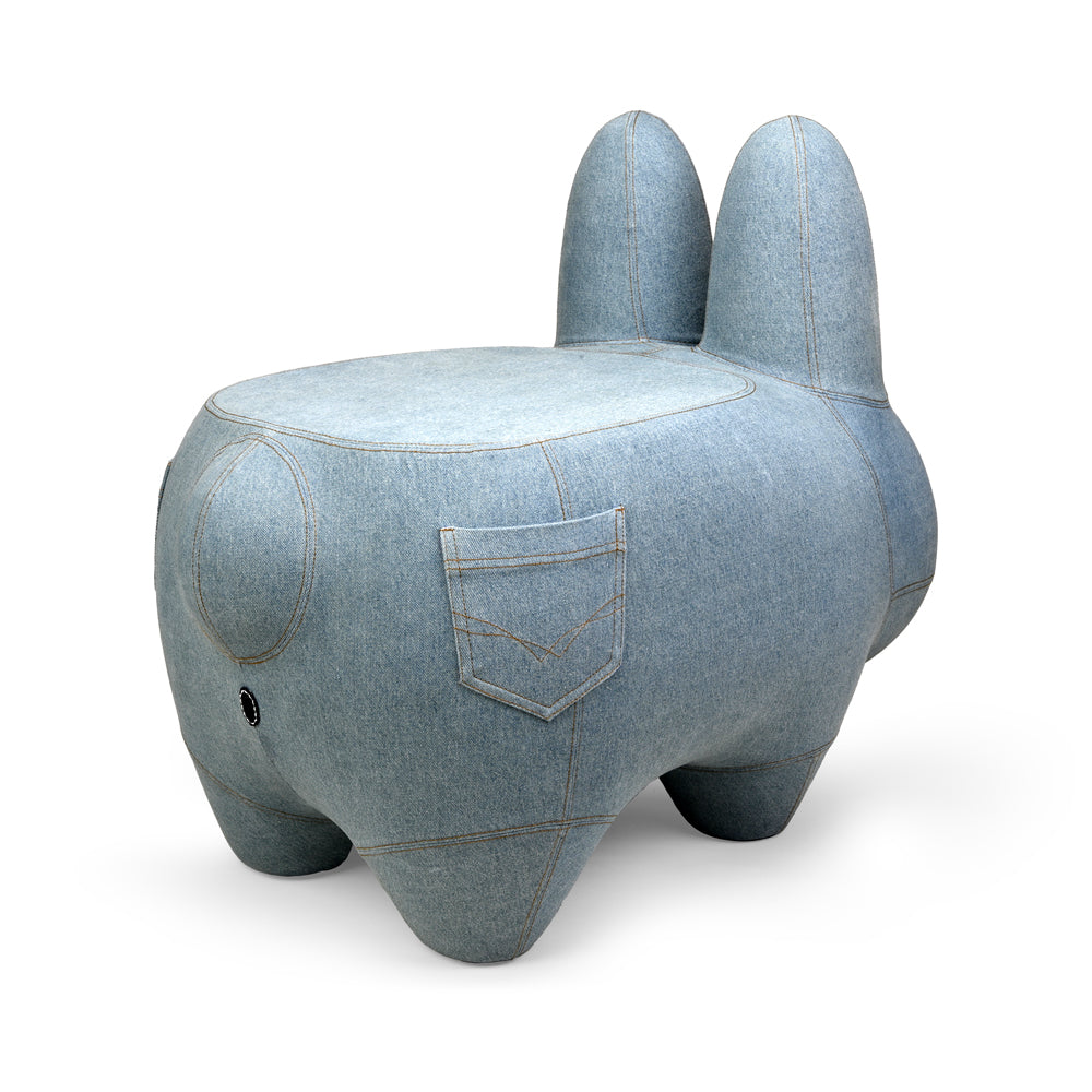 Kidrobot Art Giant Denim Happy Stache' Labbit fiberglass stool featuring a playful cartoon character design.