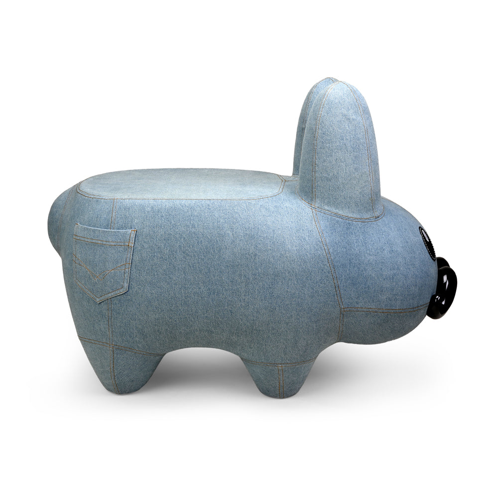 Kidrobot Art Giant Denim Happy Stache' Labbit fiberglass stool featuring a playful labbit character with denim design.