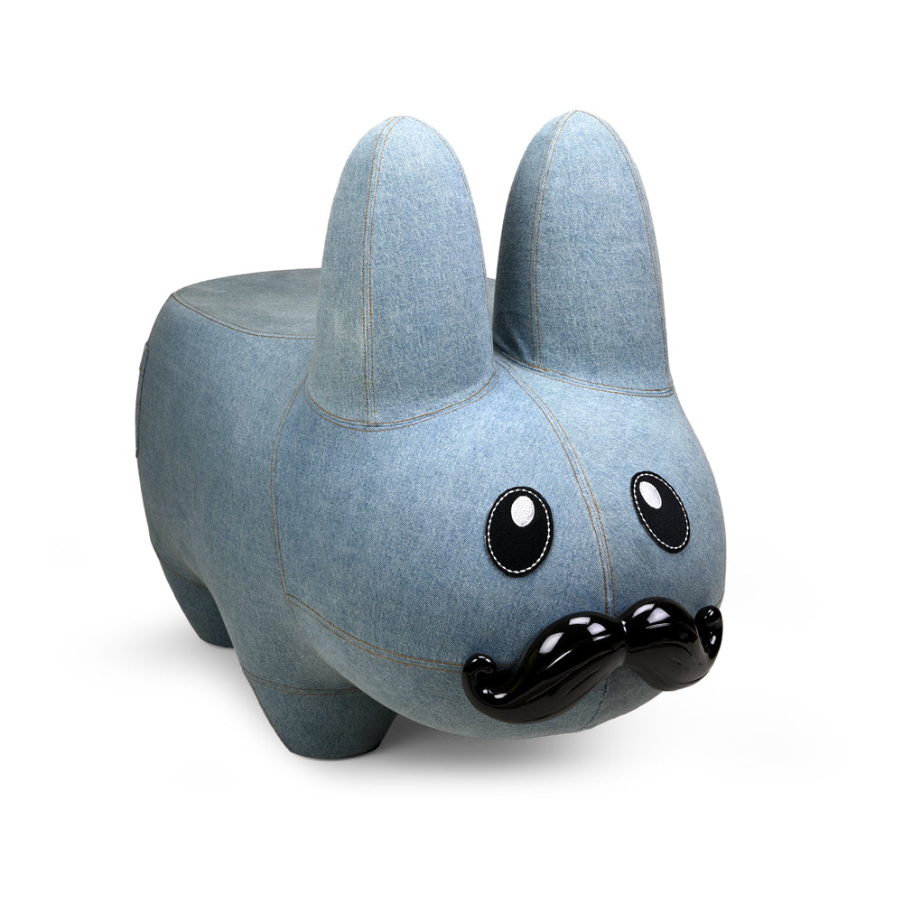 Kidrobot Art Giant Denim Happy Stache' Labbit fiberglass stool with colorful denim design and playful facial expression.