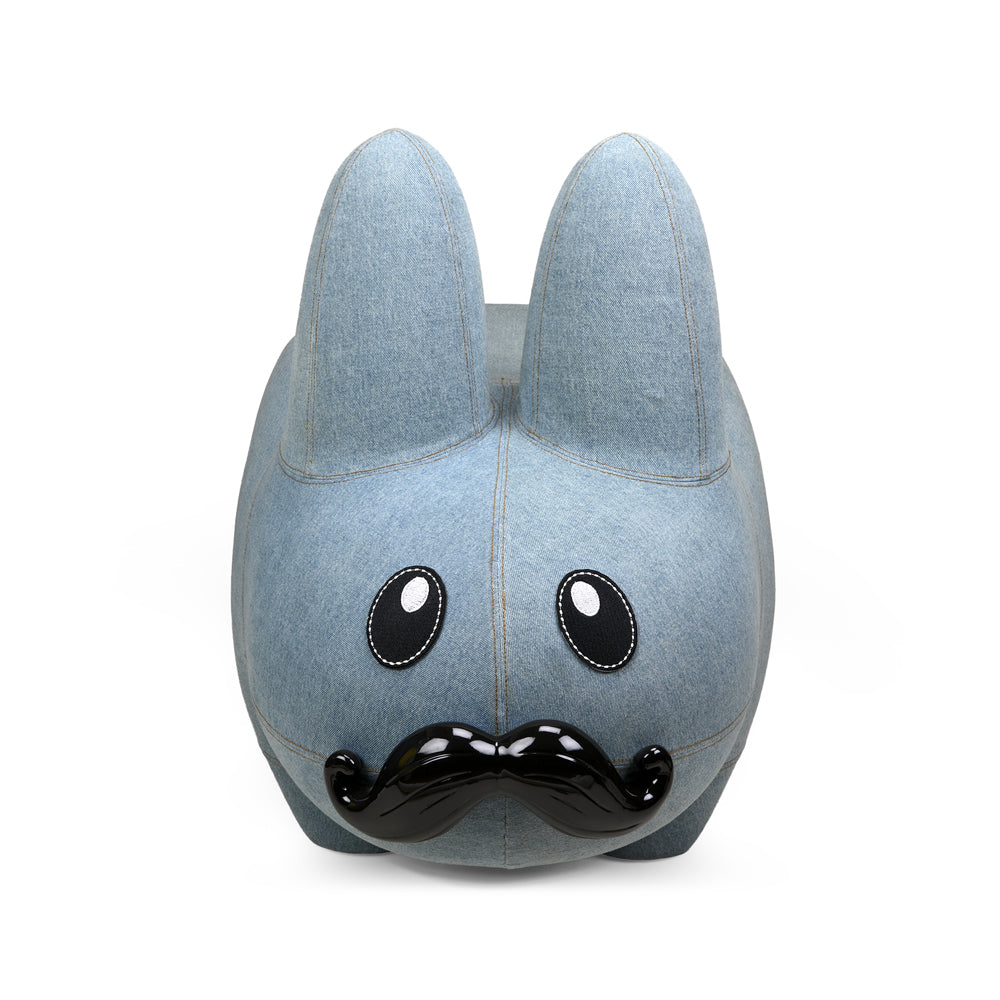 Kidrobot Art Giant Denim Happy Stache Labbit fiberglass stool featuring a colorful, playful Labbit design on a denim-style surface.