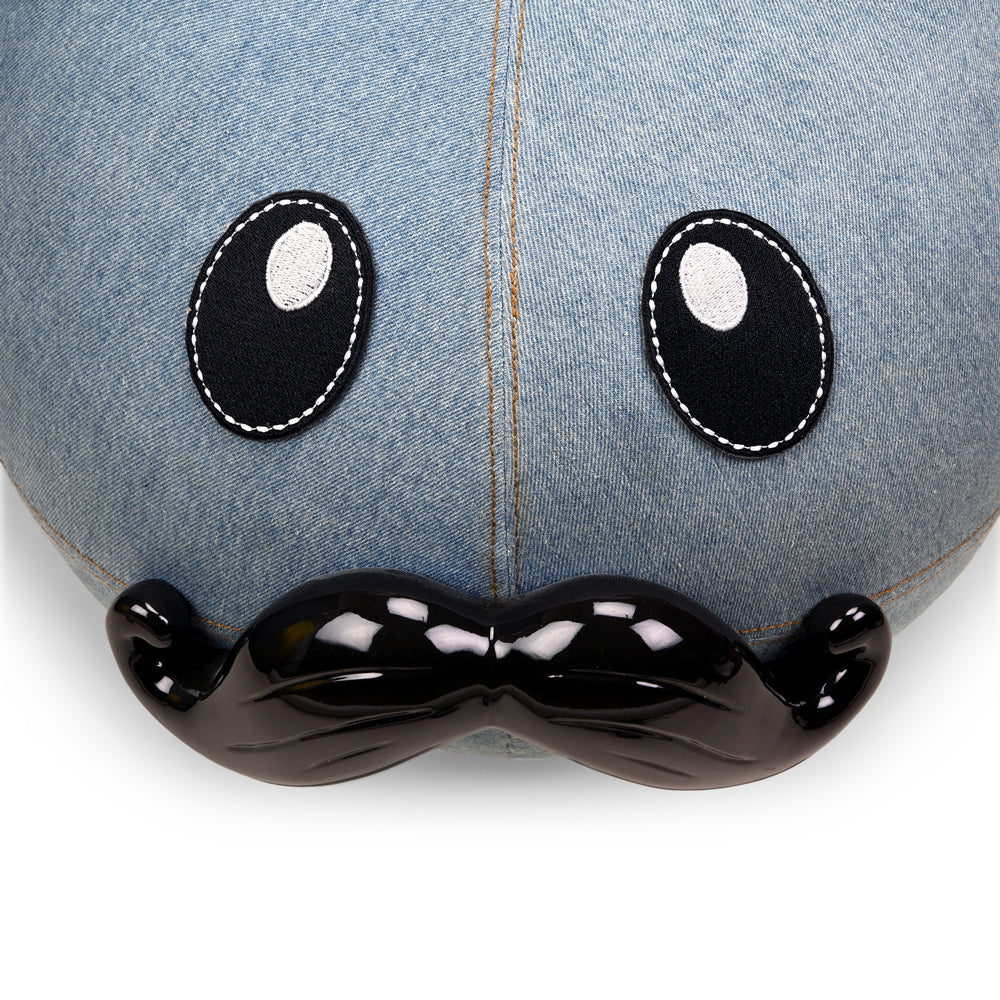 Kidrobot Art Giant Denim Happy Stache' Labbit fiberglass stool featuring a denim finish and playful design.