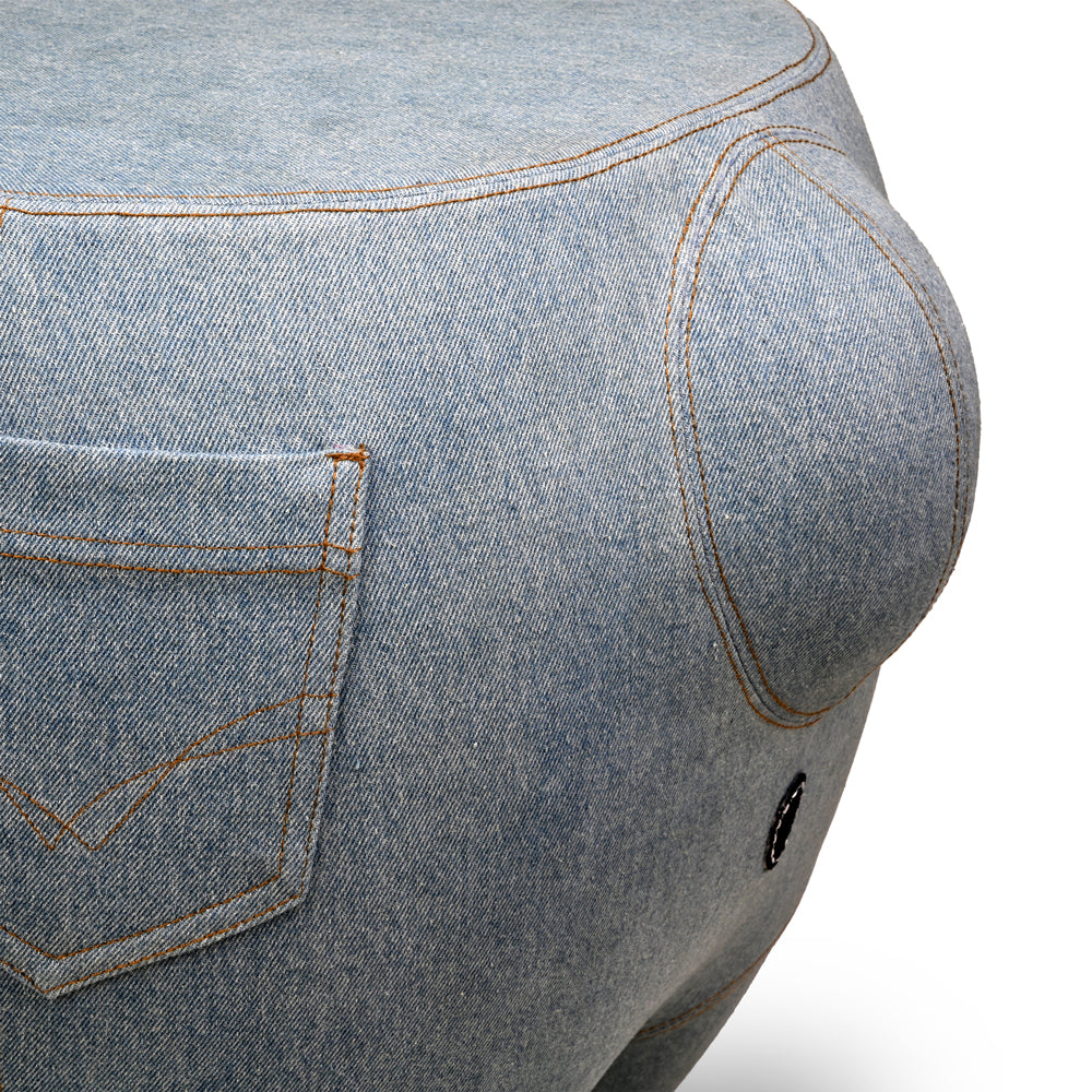 Kidrobot Art Giant Denim Happy Stache' Labbit fiberglass stool featuring a playful, colorful Labbit design perfect for artistic decor.
