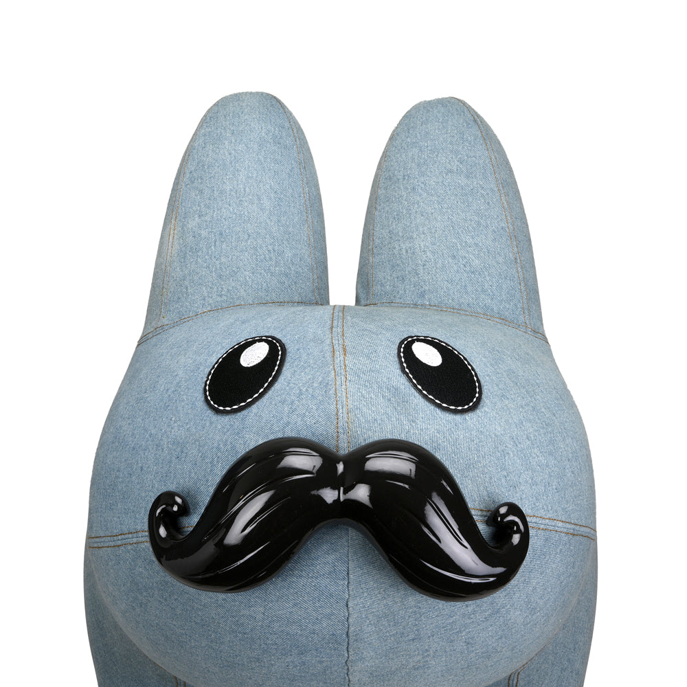 Kidrobot Art Giant Denim Happy Stache Labbit fiberglass stool featuring a playful labbit design with denim texture.