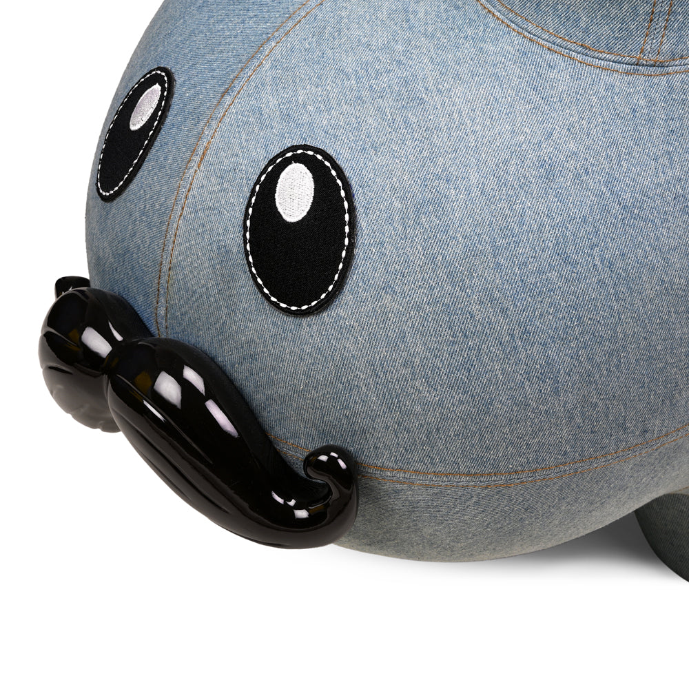 Kidrobot Art Giant Denim Happy Stache' Labbit fiberglass stool featuring a colorful, cartoon-style labbit design on a denim-textured surface.