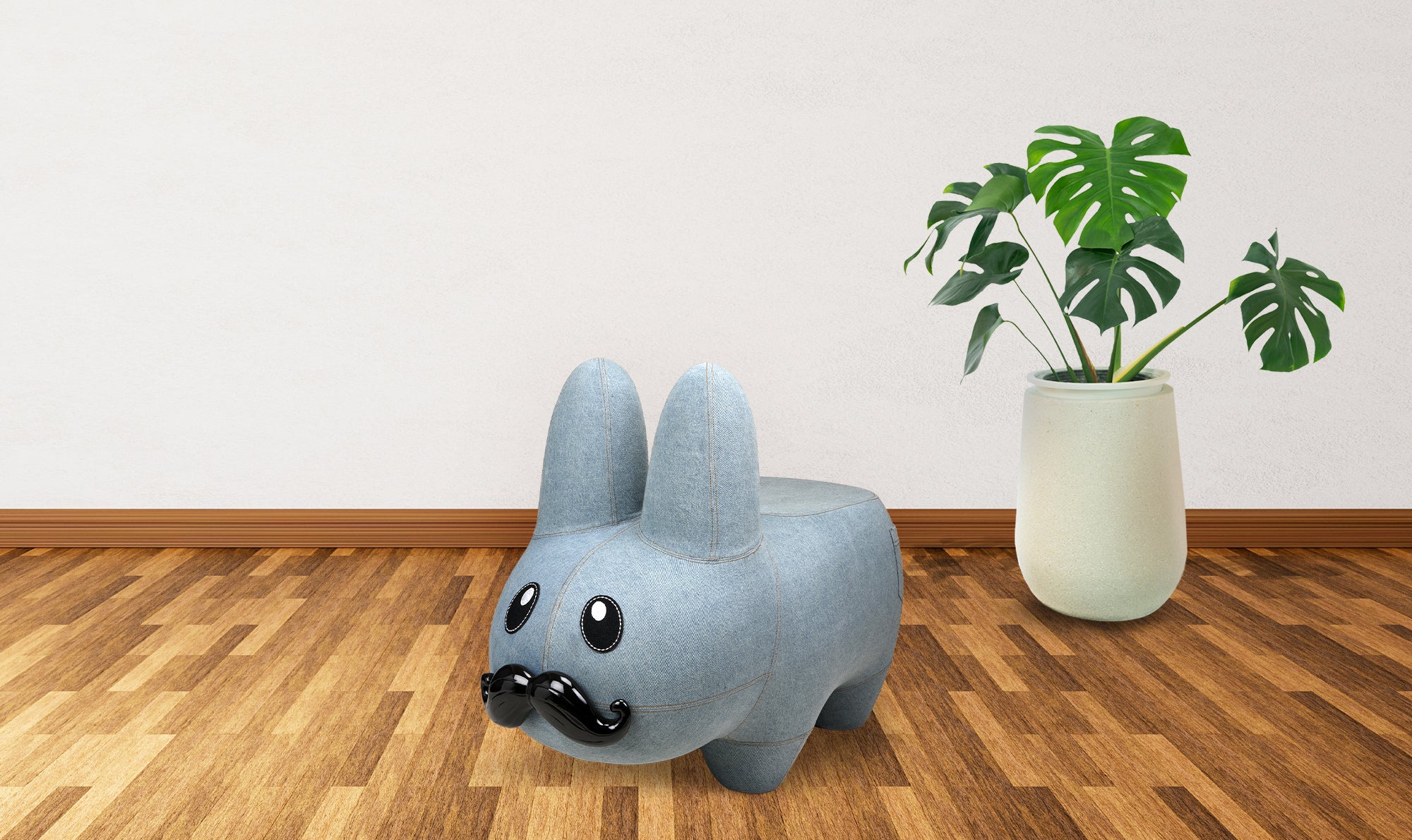 Kidrobot Art Giant Denim Happy Stache' Labbit fiberglass stool with a denim finish and playful design.