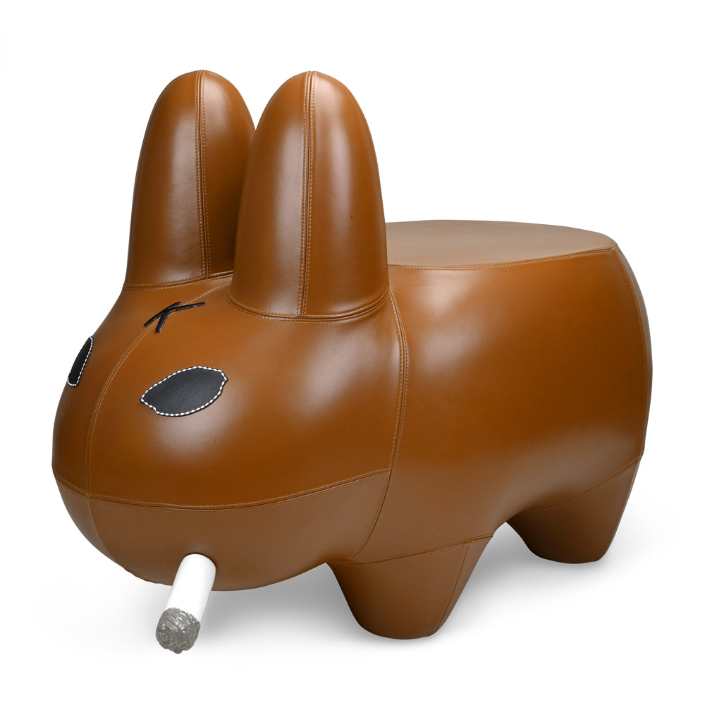 Kidrobot Art Giant Leather Smorkin' Labbit stool in brown edition, featuring a large, detailed Labbit character made of leather.