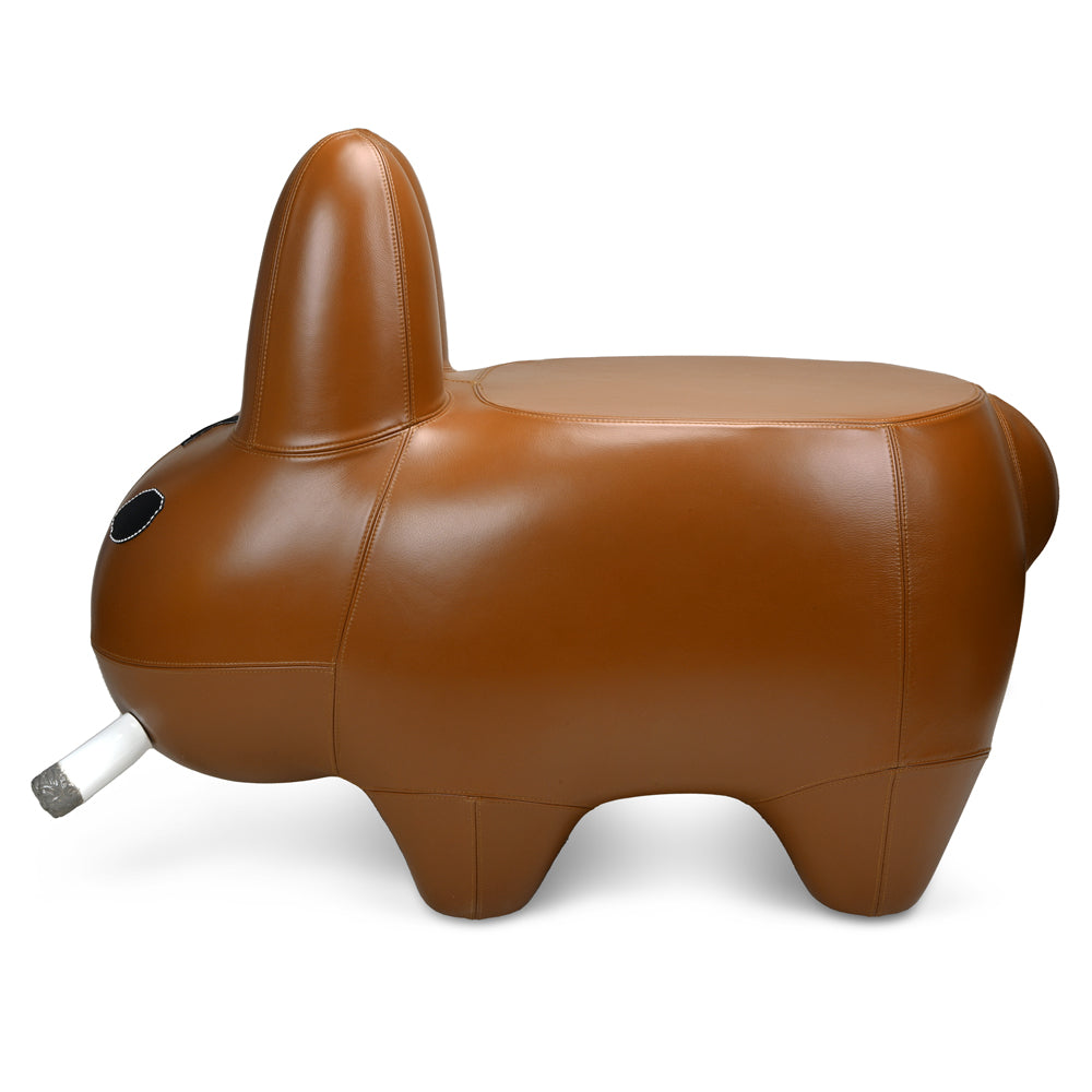 Kidrobot Art Giant Leather Smorkin' Labbit stool in brown leather with detailed art design and sturdy construction.