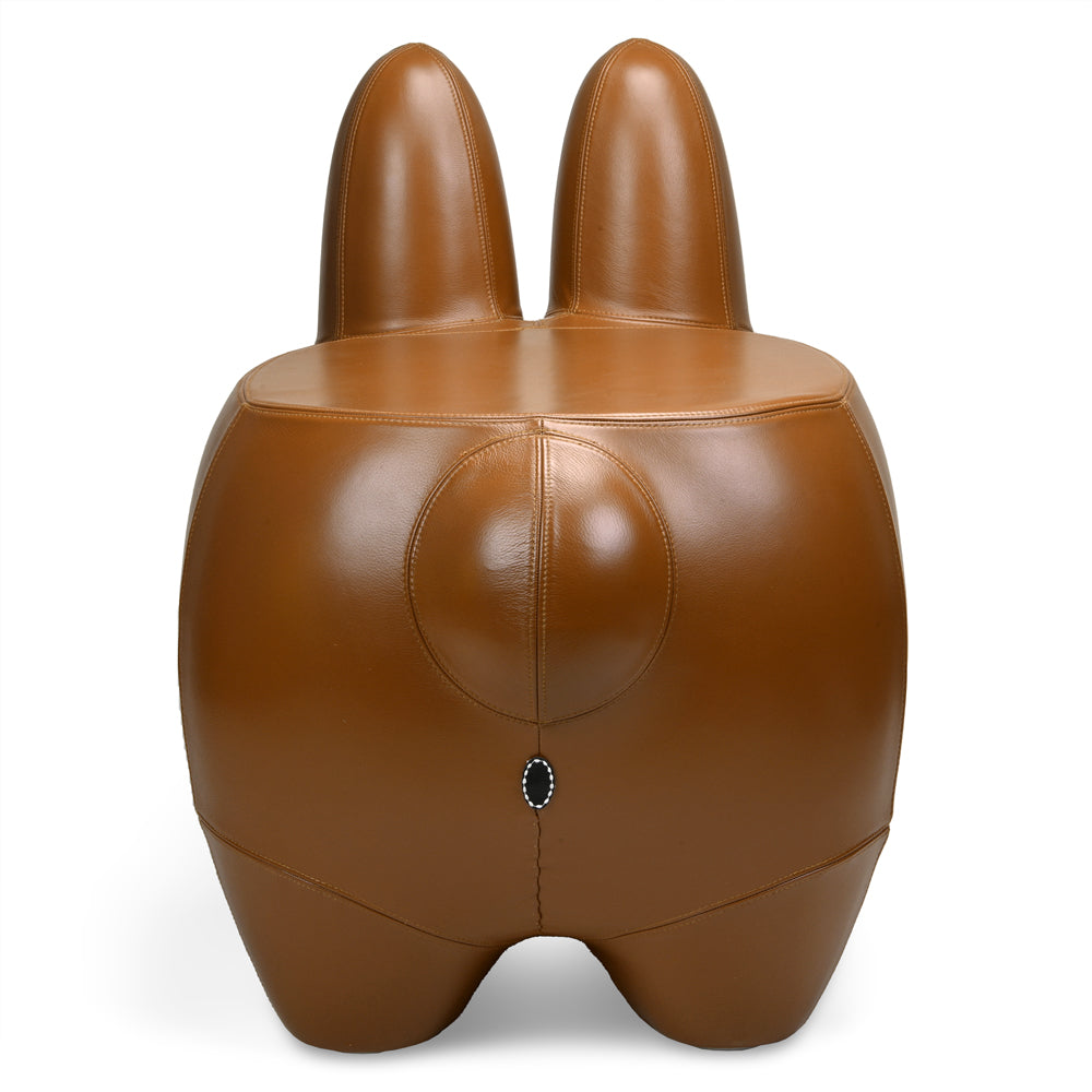 Kidrobot Art Giant Leather Smorkin' Labbit Stool in brown with detailed leather texture and playful Labbit design.