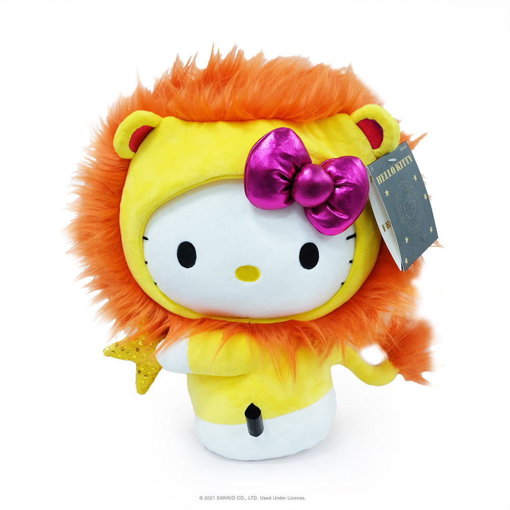 Sanrio Kidrobot Hello Kitty Zodiac Medium Plush Leo Edition featuring a soft plush toy of Hello Kitty dressed as Leo the zodiac sign.