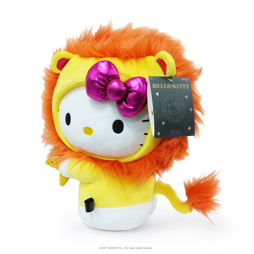Sanrio Kidrobot Hello Kitty Zodiac Medium Plush Leo Edition featuring a soft plush lion design and detailed Leo zodiac features.