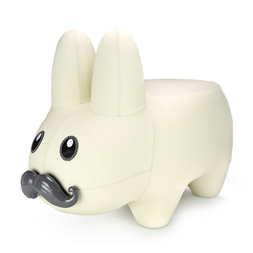 Kidrobot Leather Happy Labbit Stool by Frank Kozik in Virgin White edition, featuring a playful Labbit design and leather upholstery.
