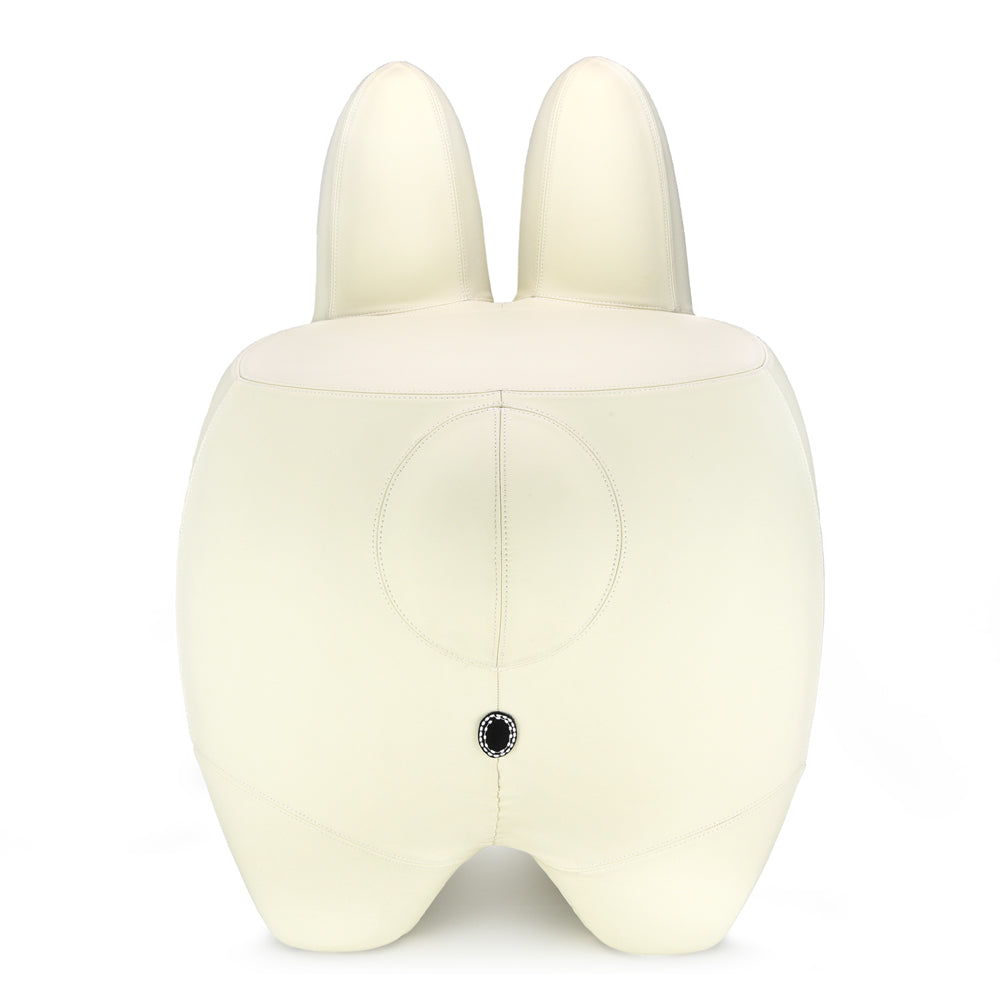 Kidrobot Leather Happy Labbit Stool in Virgin White Edition, crafted by Frank Kozik with fiberglass and leather materials.
