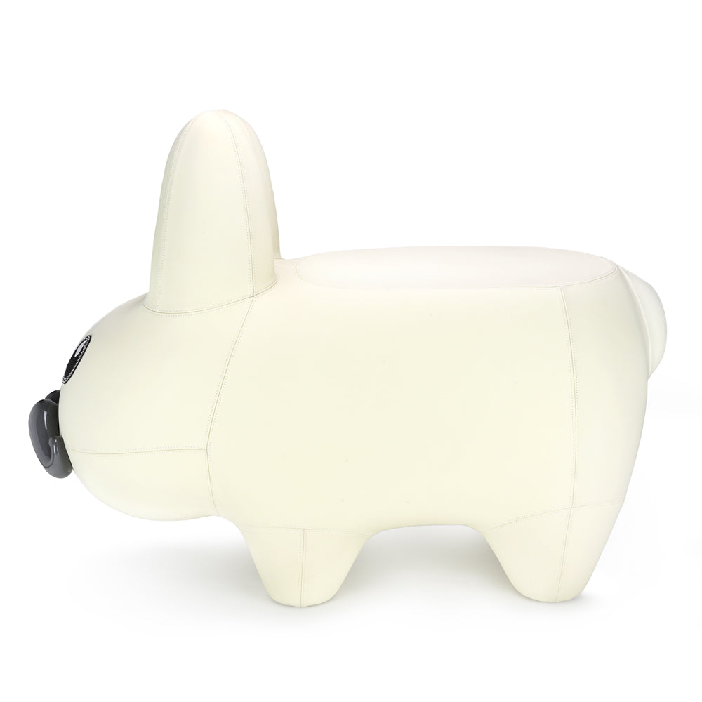 Kidrobot Leather Happy Labbit Stool in Virgin White edition featuring a fiberglass and leather Labbit design by Frank Kozik.