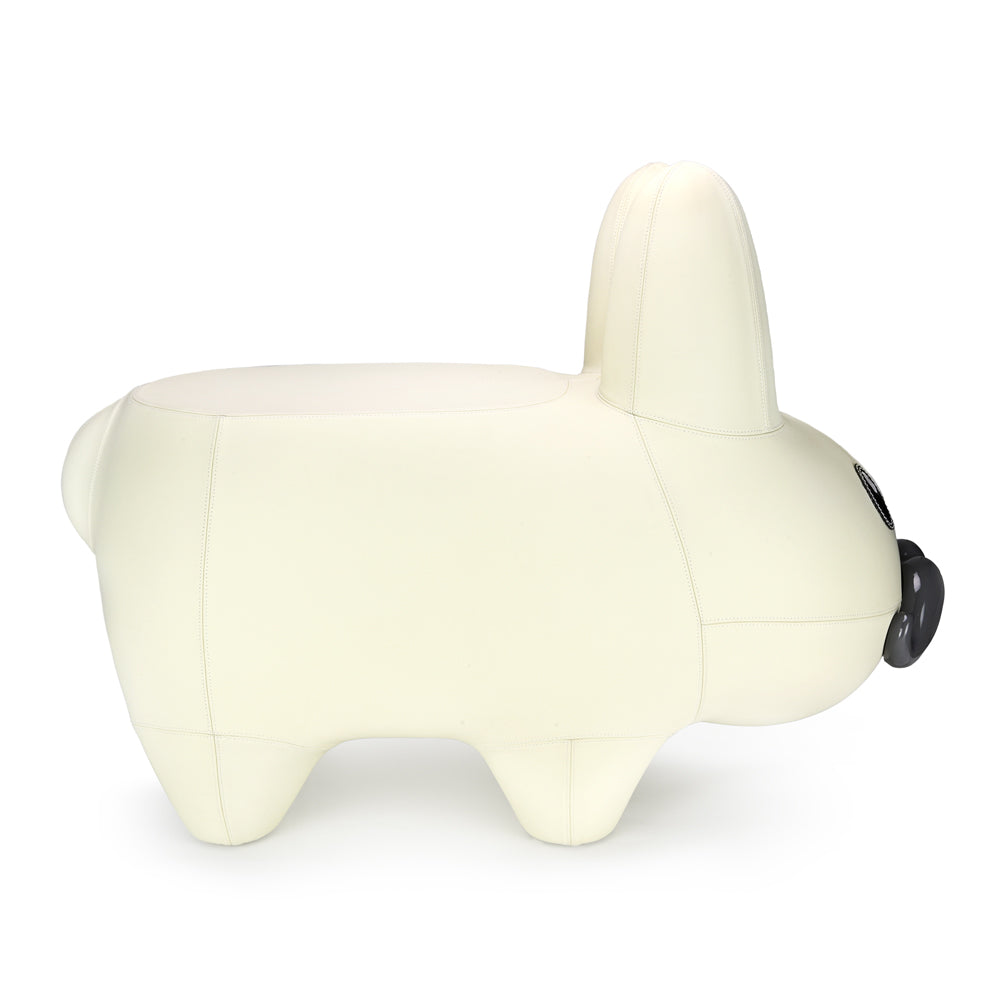 Kidrobot Leather Happy Labbit Stool in Virgin White edition, featuring a fiberglass and leather design by Frank Kozik.