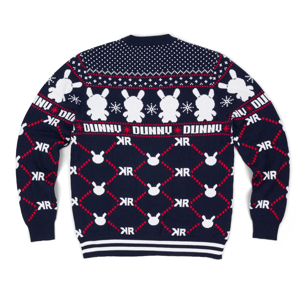 Kidrobot Signature Dunny holiday sweater featuring colorful cartoon character design, cozy knit apparel for kids.