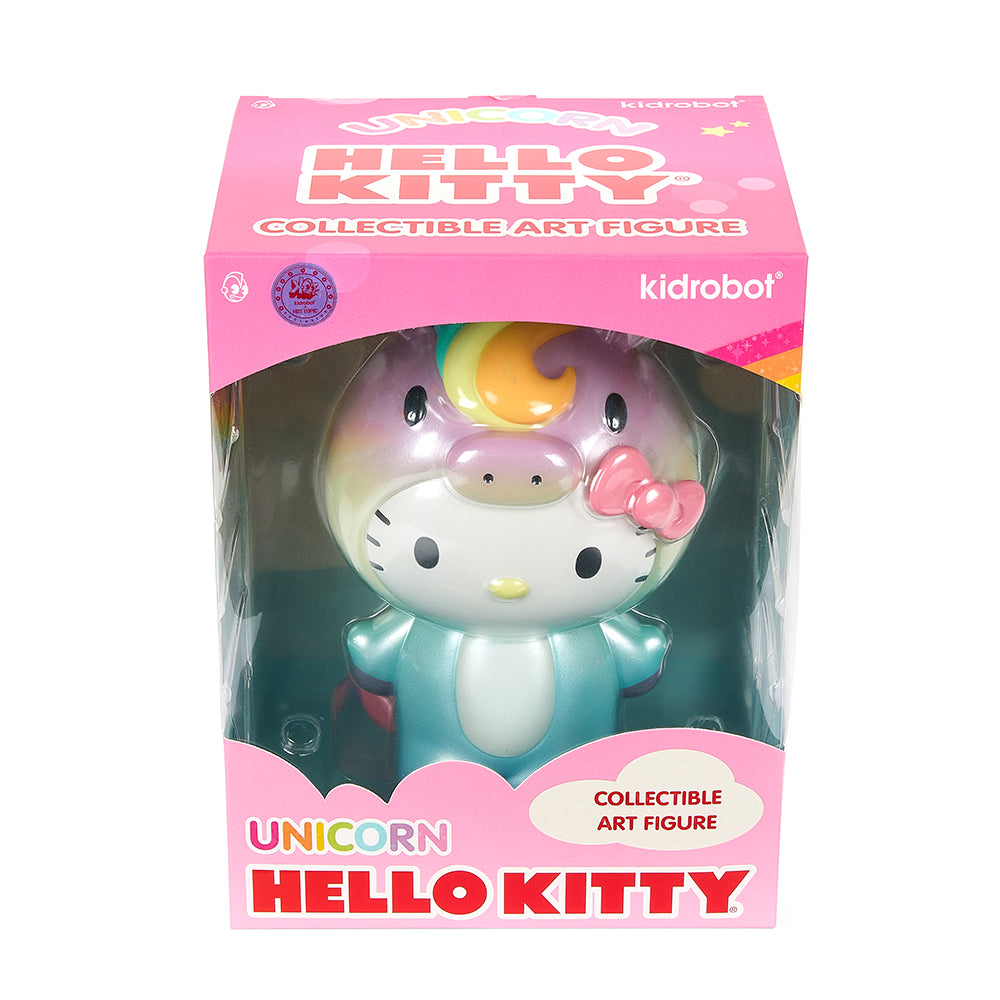 Kidrobot x Hello Kitty unicorn 8-inch vinyl art figure in prismatic edition with colorful, shiny surface, by Sanrio.