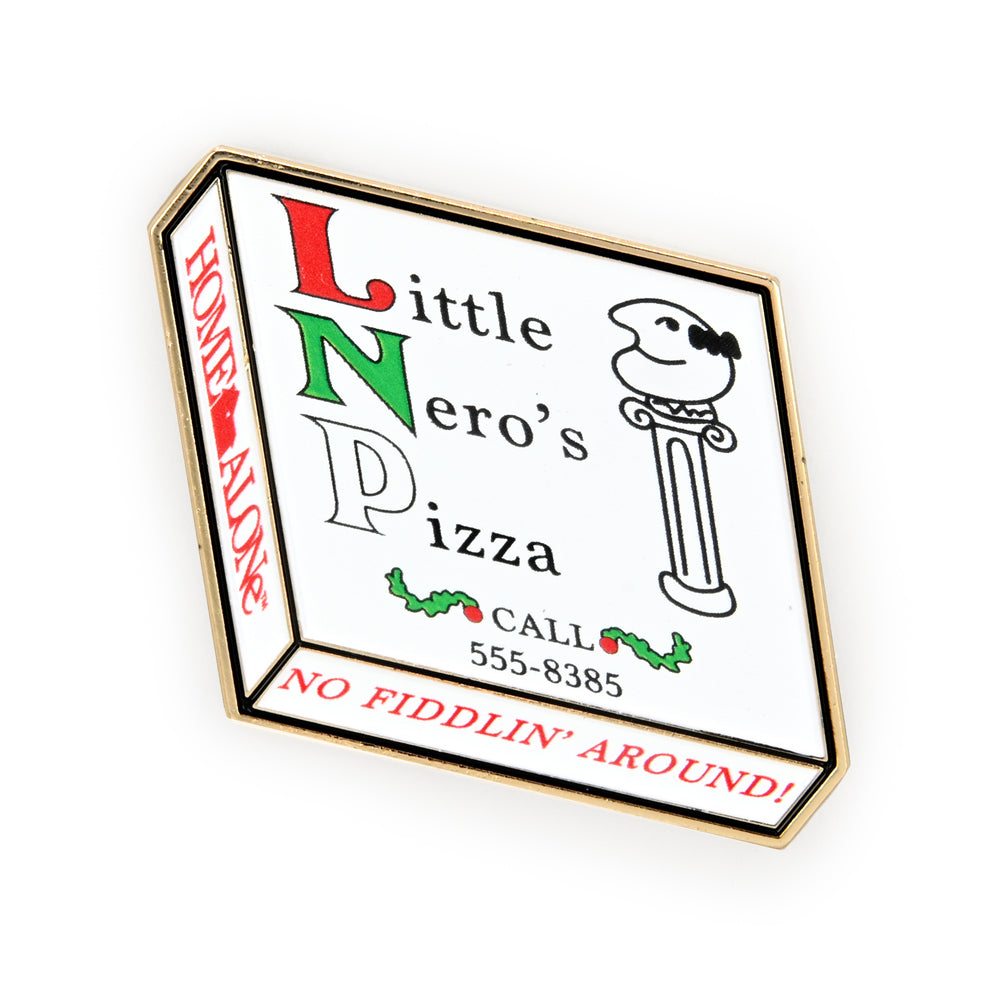 Kidrobot x Home Alone 30th Anniversary enamel pins featuring Little Nero's Pizza in vibrant, multi-color design.