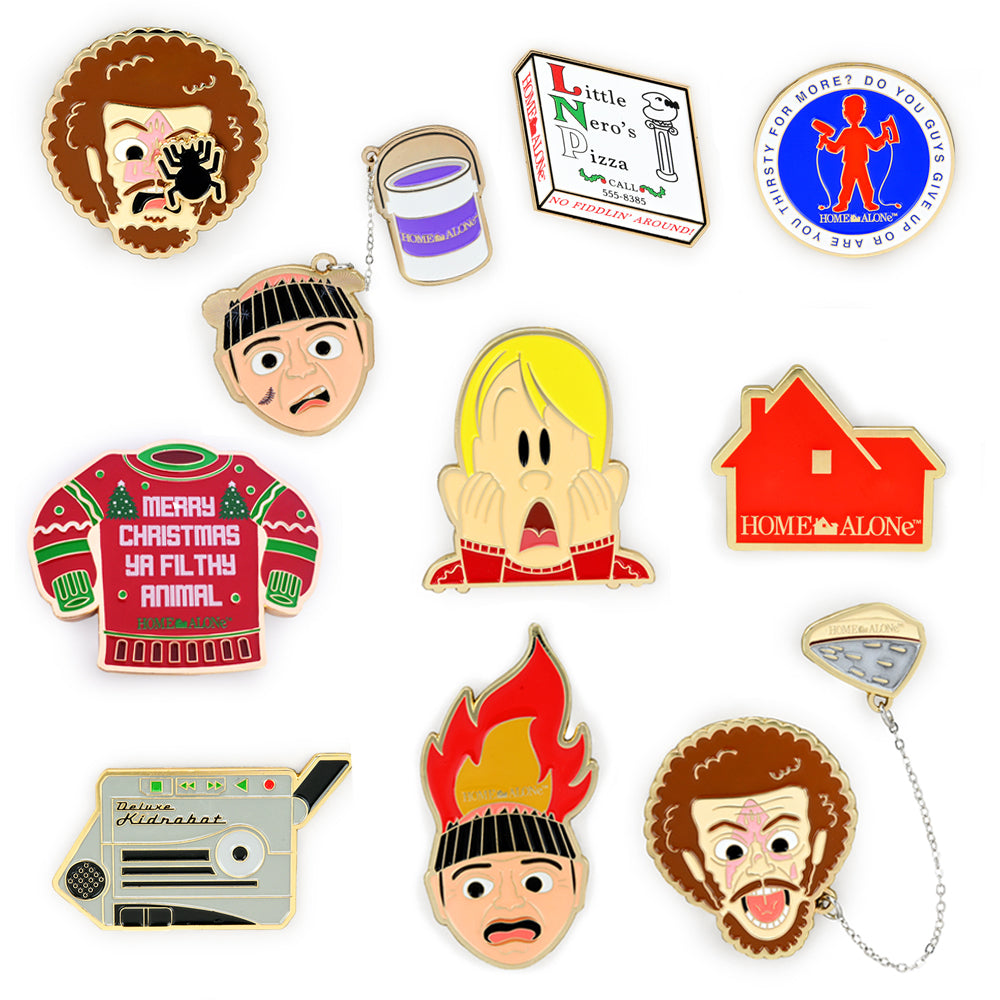 Kidrobot x Home Alone 30th Anniversary enamel pins featuring Little Nero's Pizza in colorful, detailed enamel design.