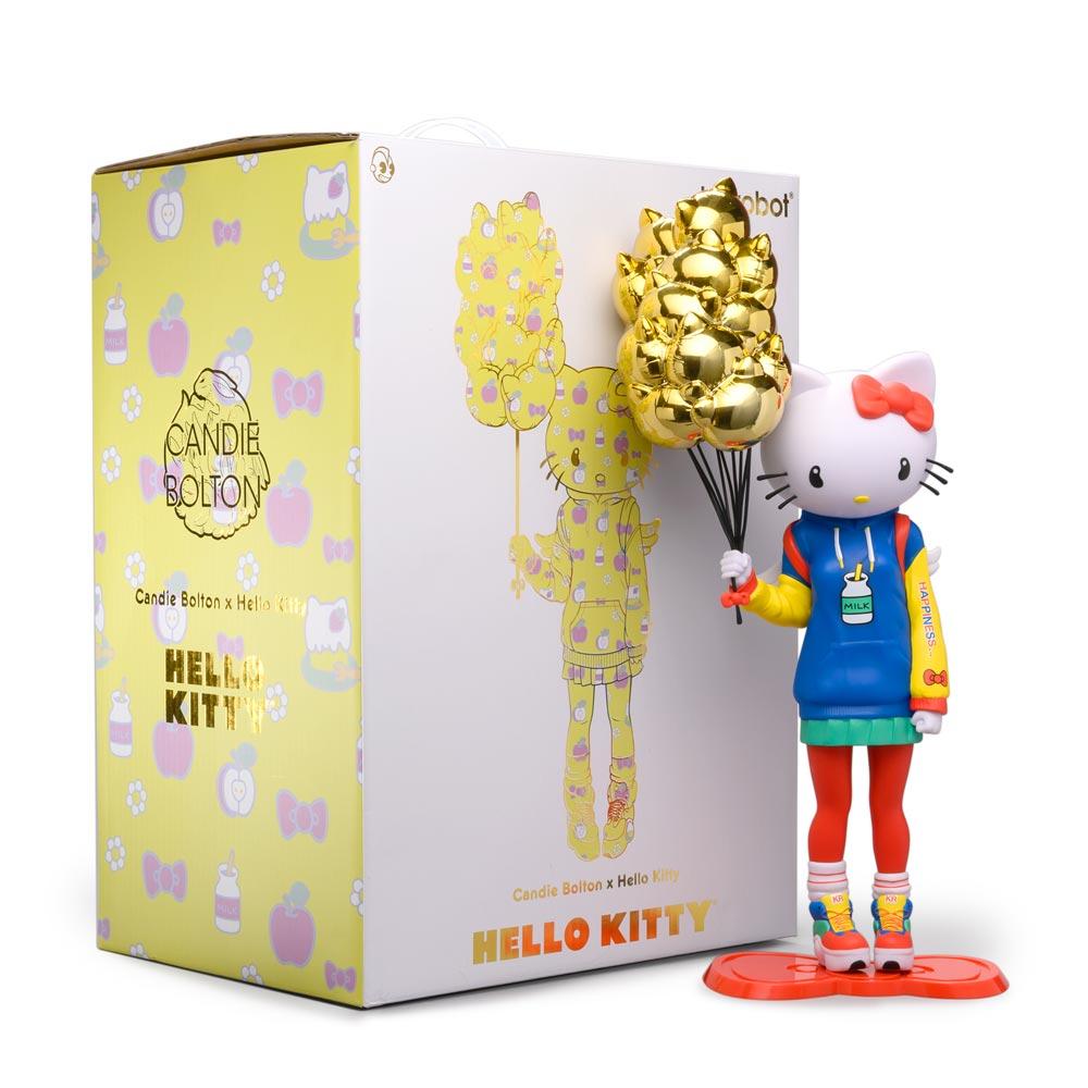 Vinyl Kidrobot x Sanrio Hello Kitty 20-inch art figure by Candie Bolton, featuring nostalgic Hello Kitty design and vibrant colors.