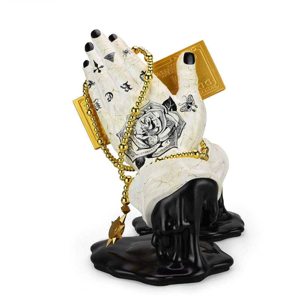 Let Us Prey 10-inch vinyl art figure by Frank Kozik, Tatted Marble Edition, featuring intricate black and white marble design.