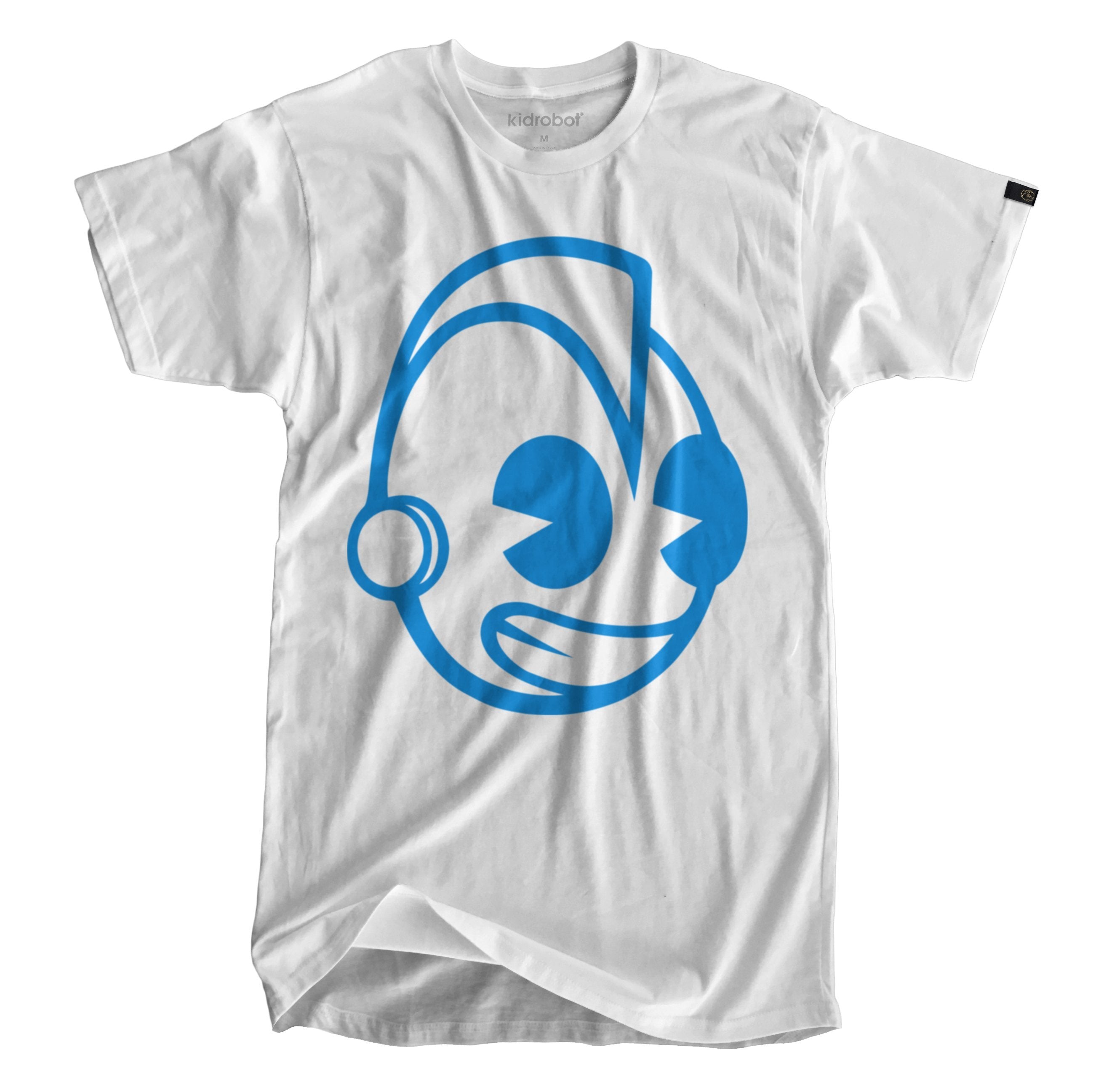 Kidrobot Blue Signature Bothead white T-shirt for kids, limited edition, cotton, front graphic, size S-XXL, sold out.
