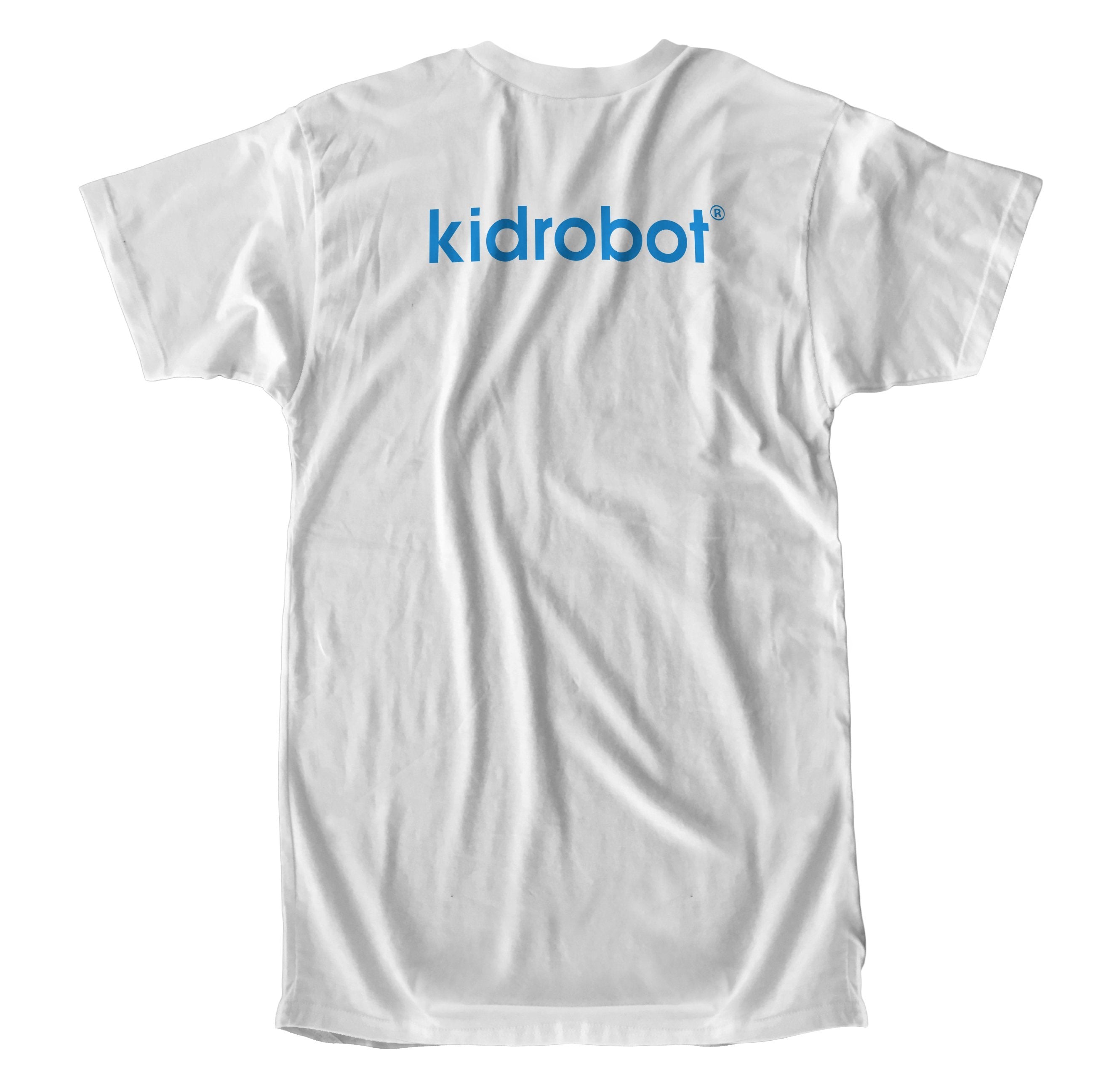 Limited edition Kidrobot Blue Signature Bothead white T-shirt in size S-XXL, featuring a graphic design on cotton fabric.