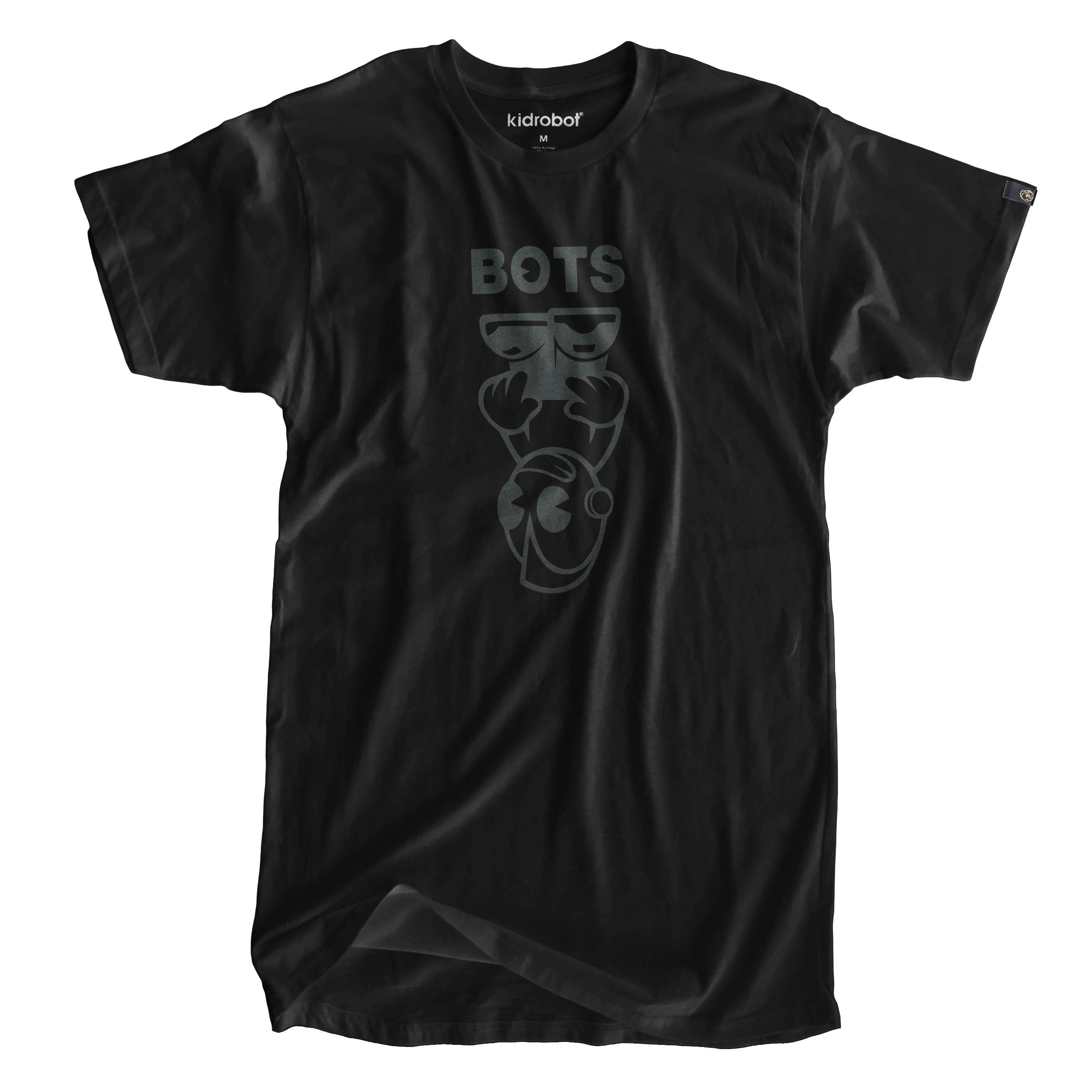 Limited Edition Kidrobot BOTS black on black T-shirt in sizes S to XXL, made from cotton, featuring a sleek, minimal design.