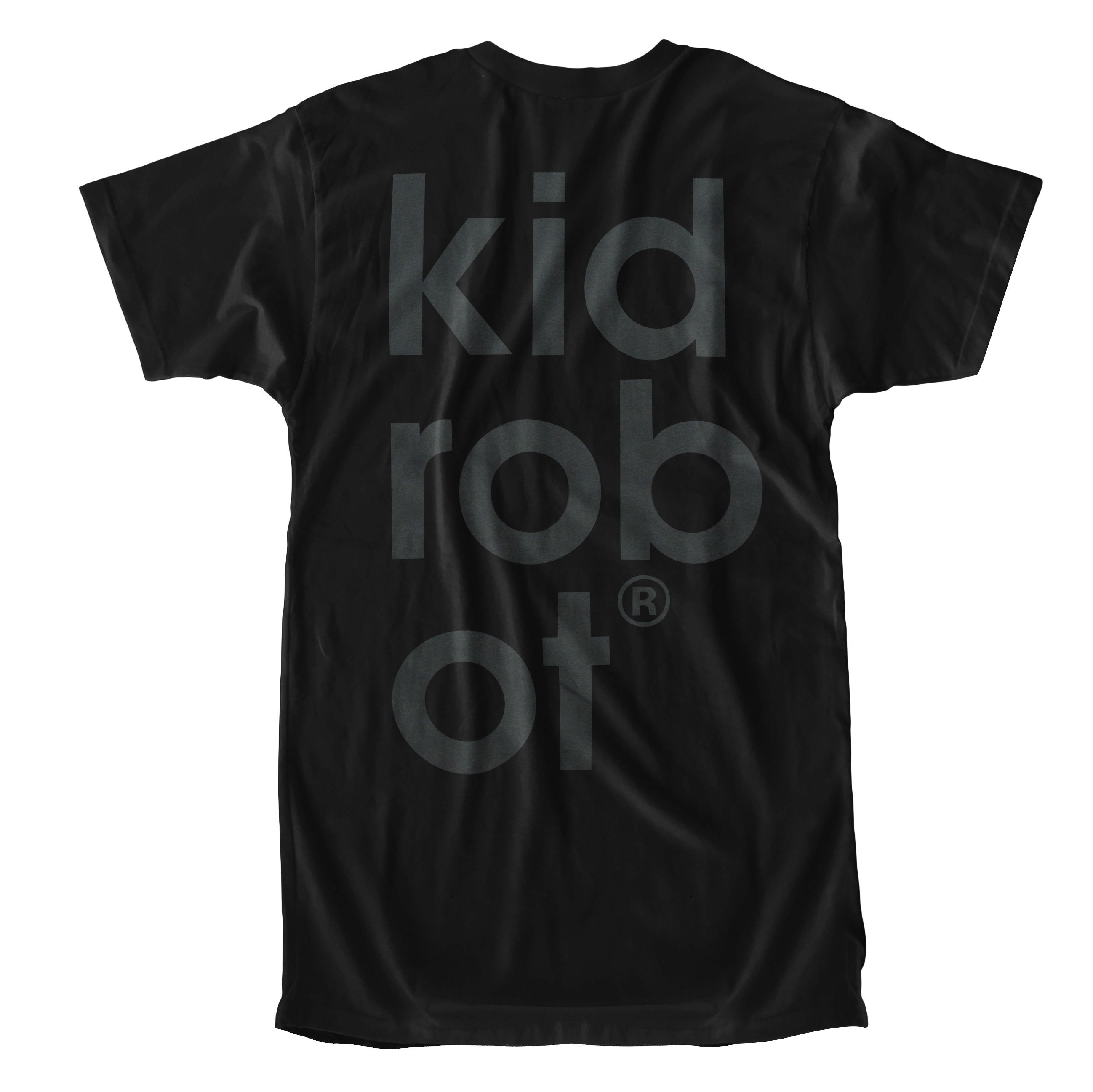 Kidrobot BOTS black on black T-shirt in size S to XXL, casual apparel made of cotton with subtle design details.