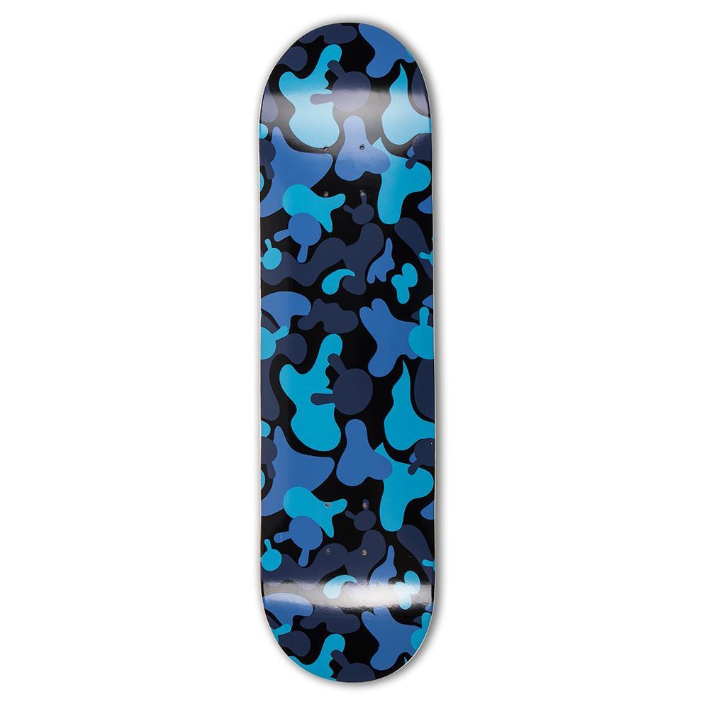 Limited Edition Kidrobot Camo Dunny skateboard deck by Tristan Eaton featuring blue camo design on wood surface.