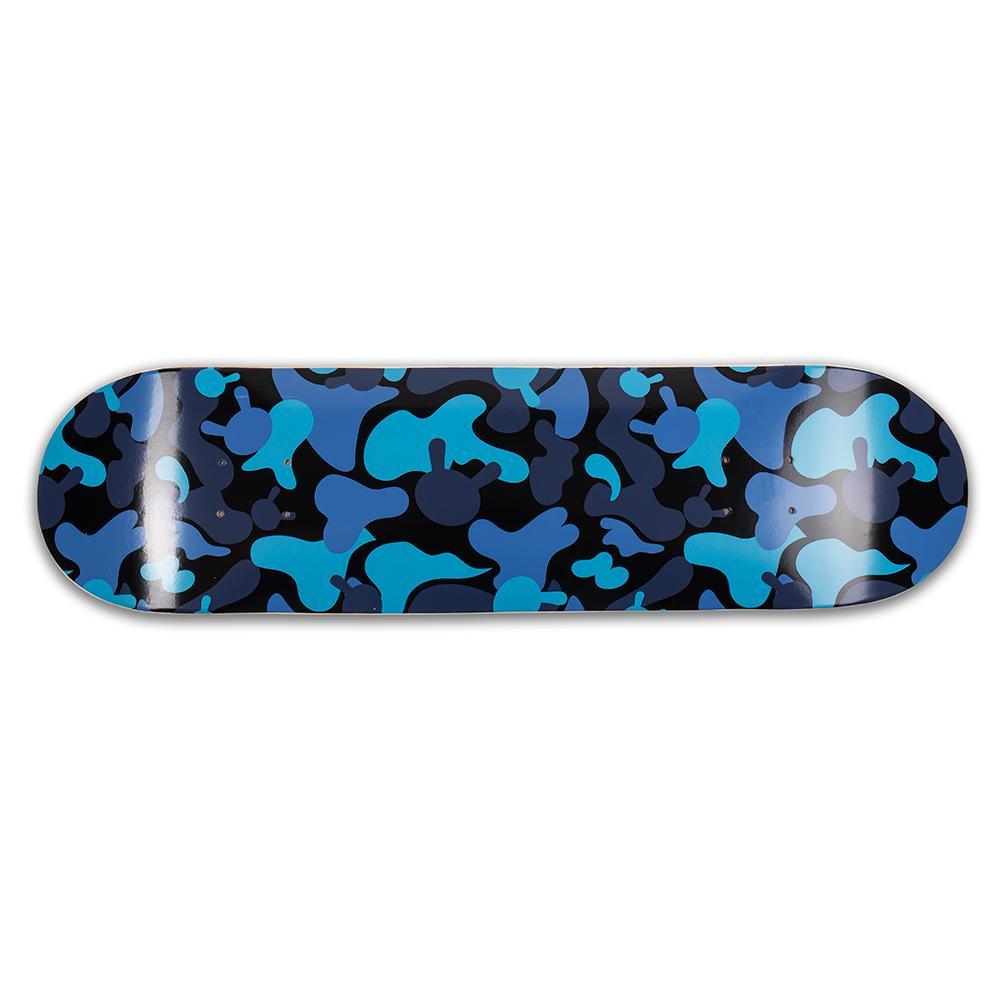 Limited edition Kidrobot Camo Dunny skateboard deck by Tristan Eaton with blue camo design on wood surface.