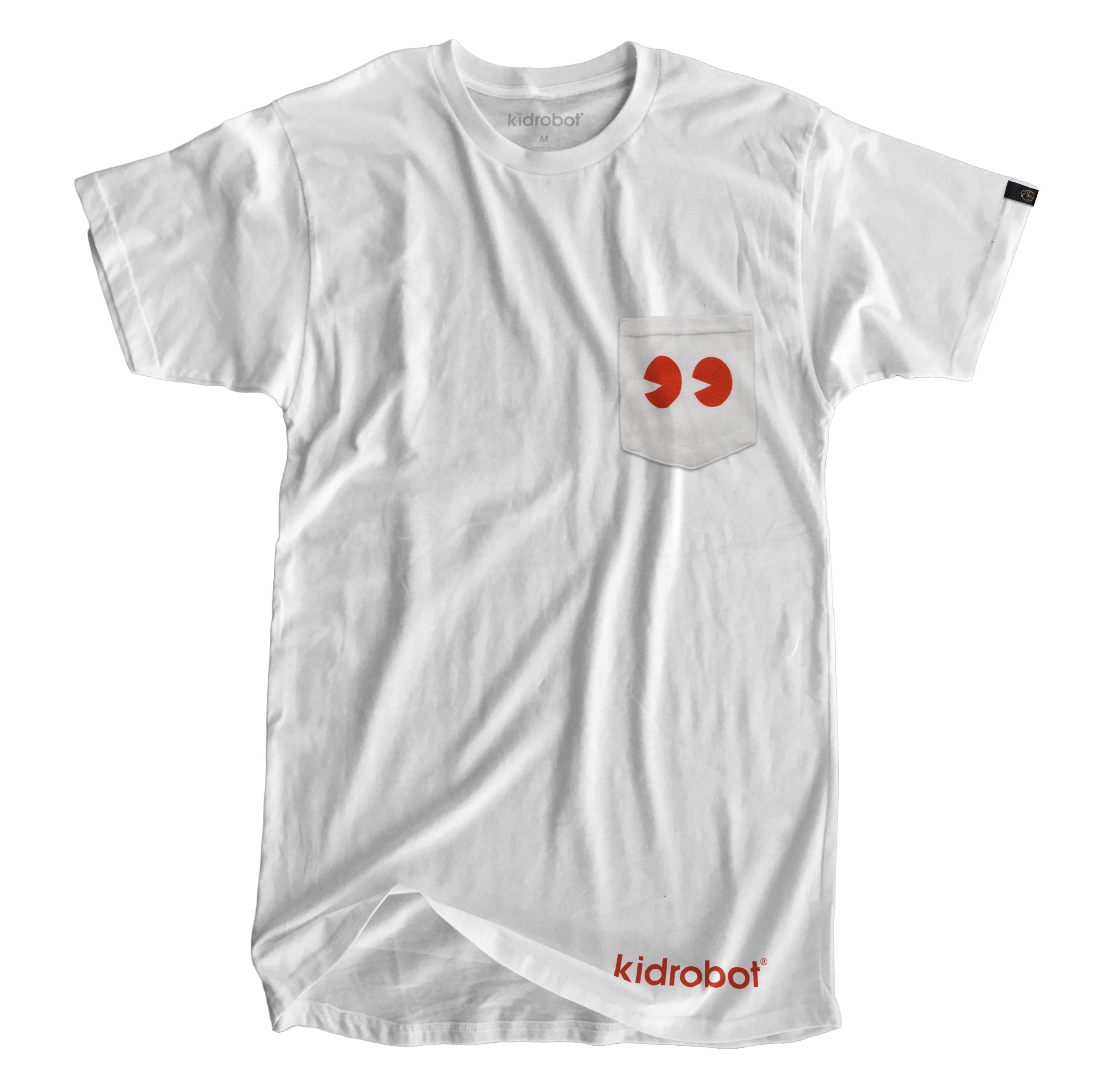 White Kidrobot Have a Vinyl Day pocket T-shirt in size S to XXL, made of soft cotton with a vinyl-themed graphic on the front.