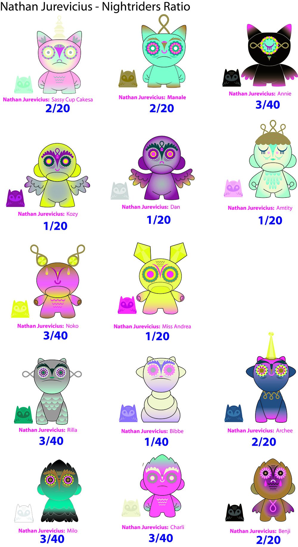 Nightriders 3" blind box art figures by Nathan Jurevicius, colorful vinyl collectible characters with detailed designs.
