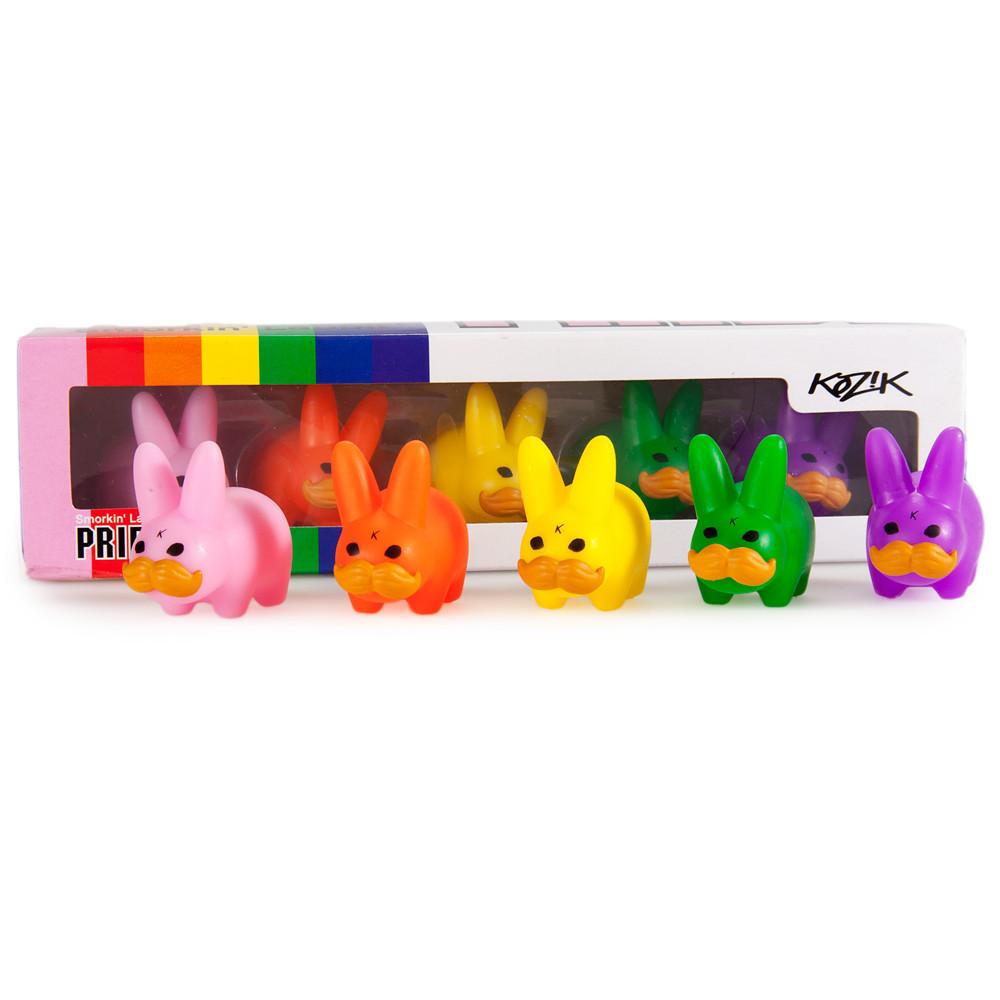 Set of five vinyl Labbit Pride 'Stache Labbit art toys in vibrant colors, featuring distinctive mustache designs.