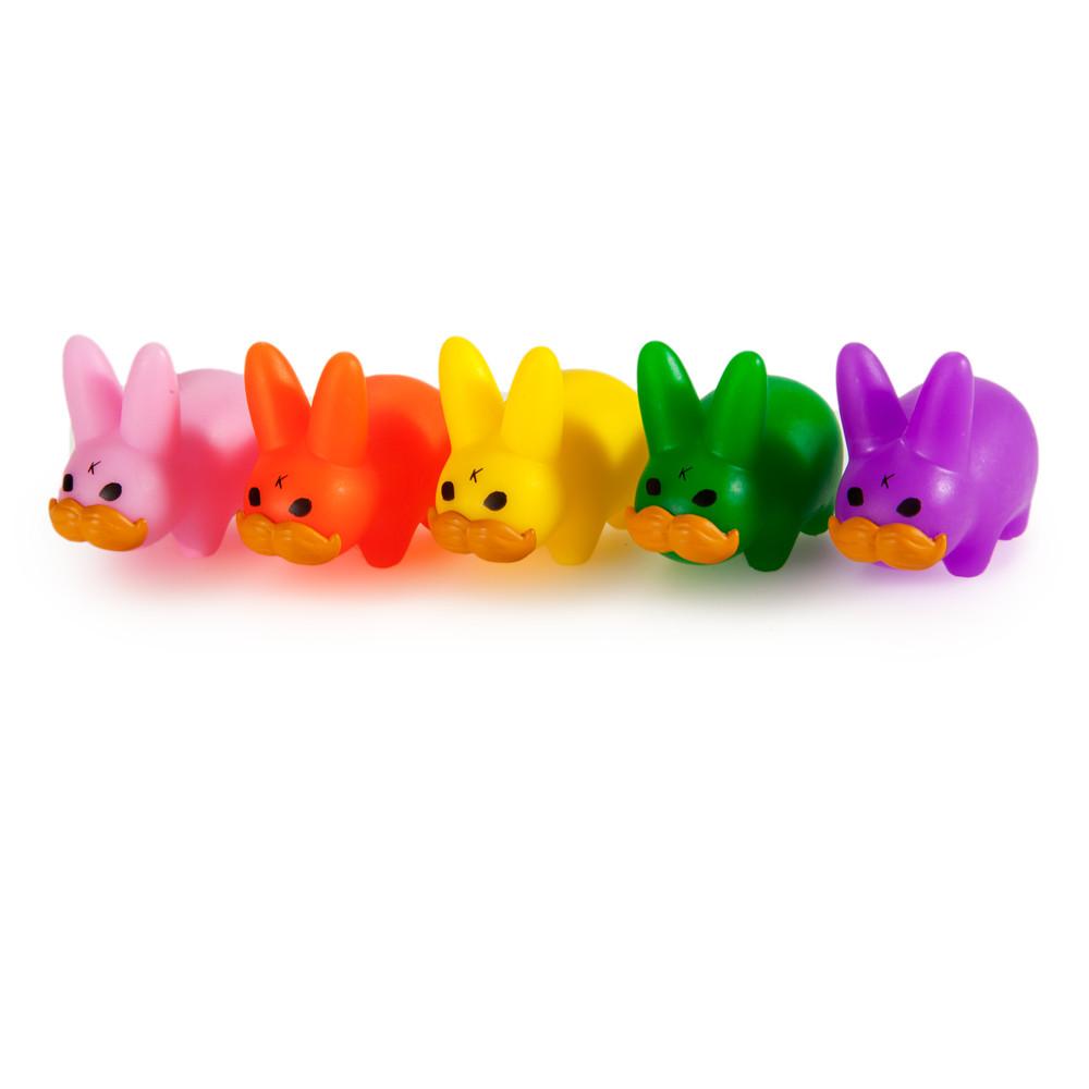 Set of five colorful Labbit Pride vinyl art toys featuring mini StacheLabbit designs in vibrant, playful styles.