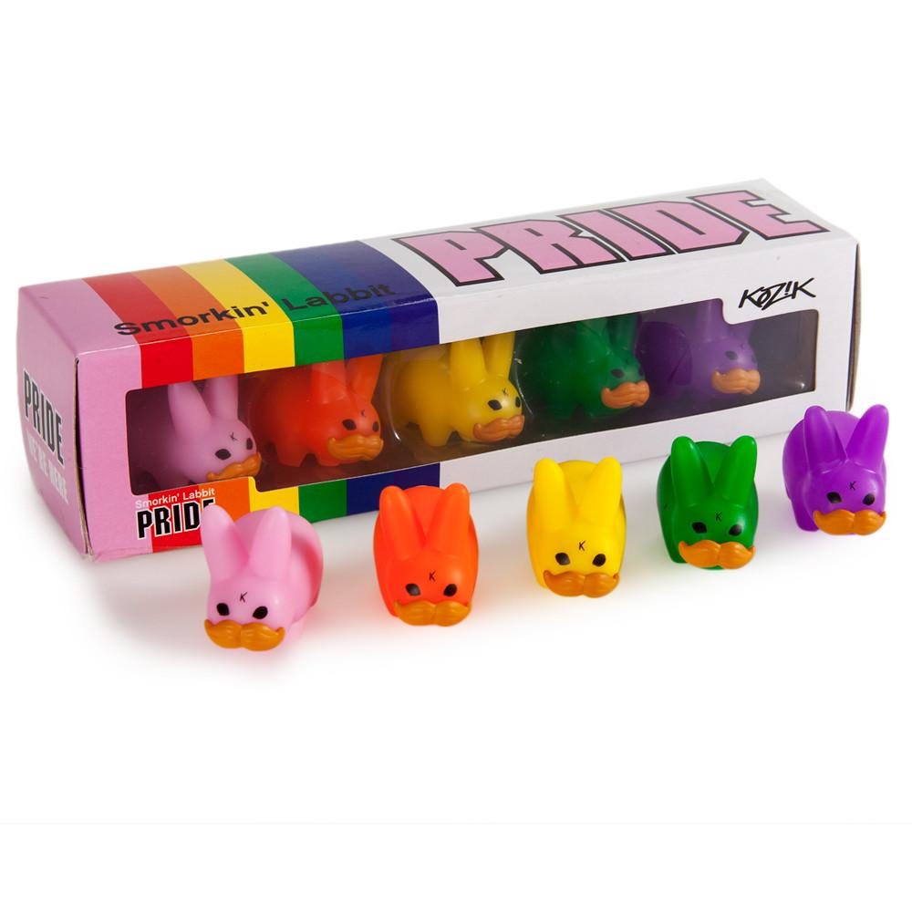 Set of five colorful Labbit vinyl art toys featuring mustache designs, part of the PRIDE 'Stache Labbit 5-Pack collection.