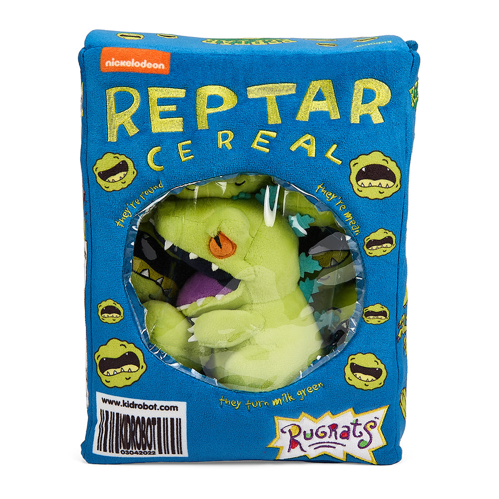 Rugrats 10-inch plush Reptar toy resembling a cereal box, soft and interactive character from the Rugrats animated series.