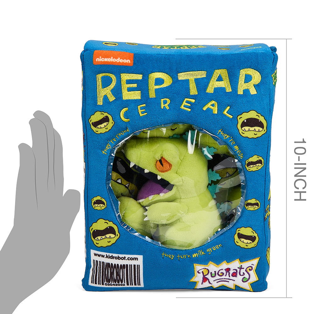 Rugrats 10-inch plush Reptar toy in cereal box-themed packaging, soft and interactive plush from the Rugrats series.