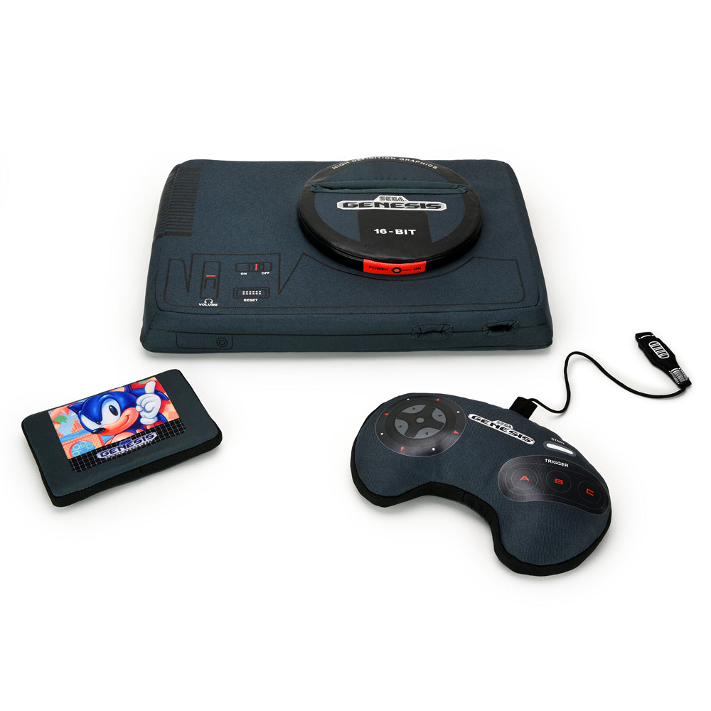 SEGA Genesis plush toy featuring Sonic cartridge, soft interactive plush gaming console for kids and collectors.