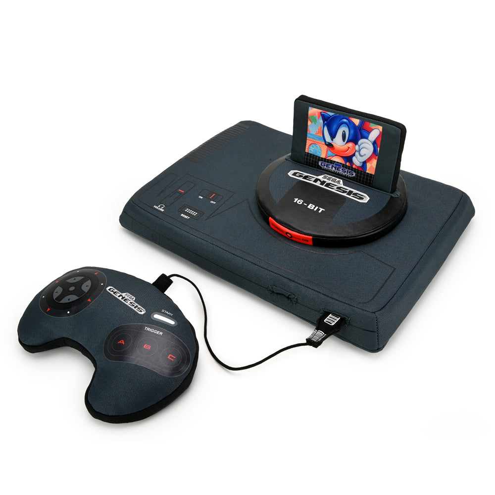 SEGA Genesis plush toy featuring a Sonic cartridge, interactive 12-inch soft plush gaming console from Kidrobot.