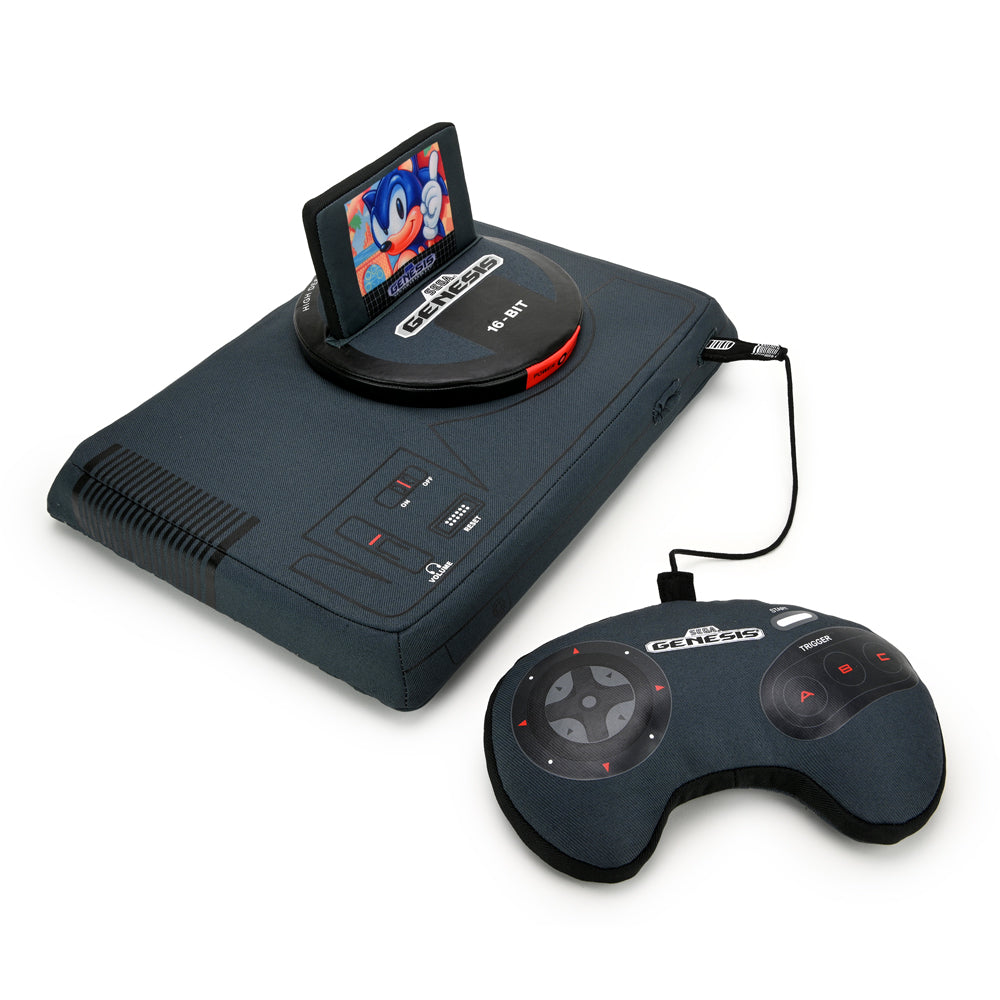 SEGA plush toy of a 12-inch interactive Sega Genesis gaming console with Sonic cartridge, soft and detailed for collectors and fans.